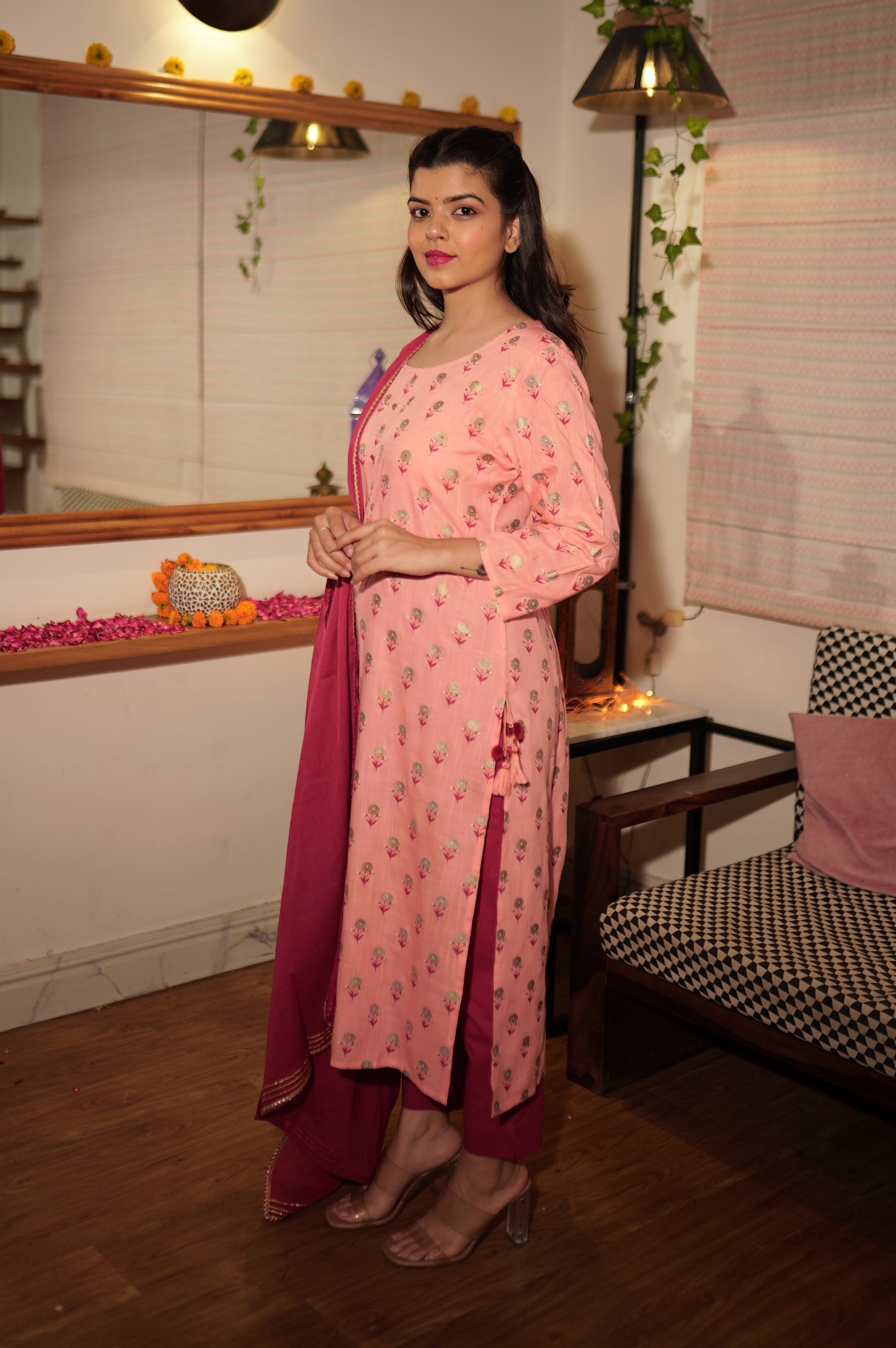 Kaajh Women's Pink Floral Gold Print Suit Set