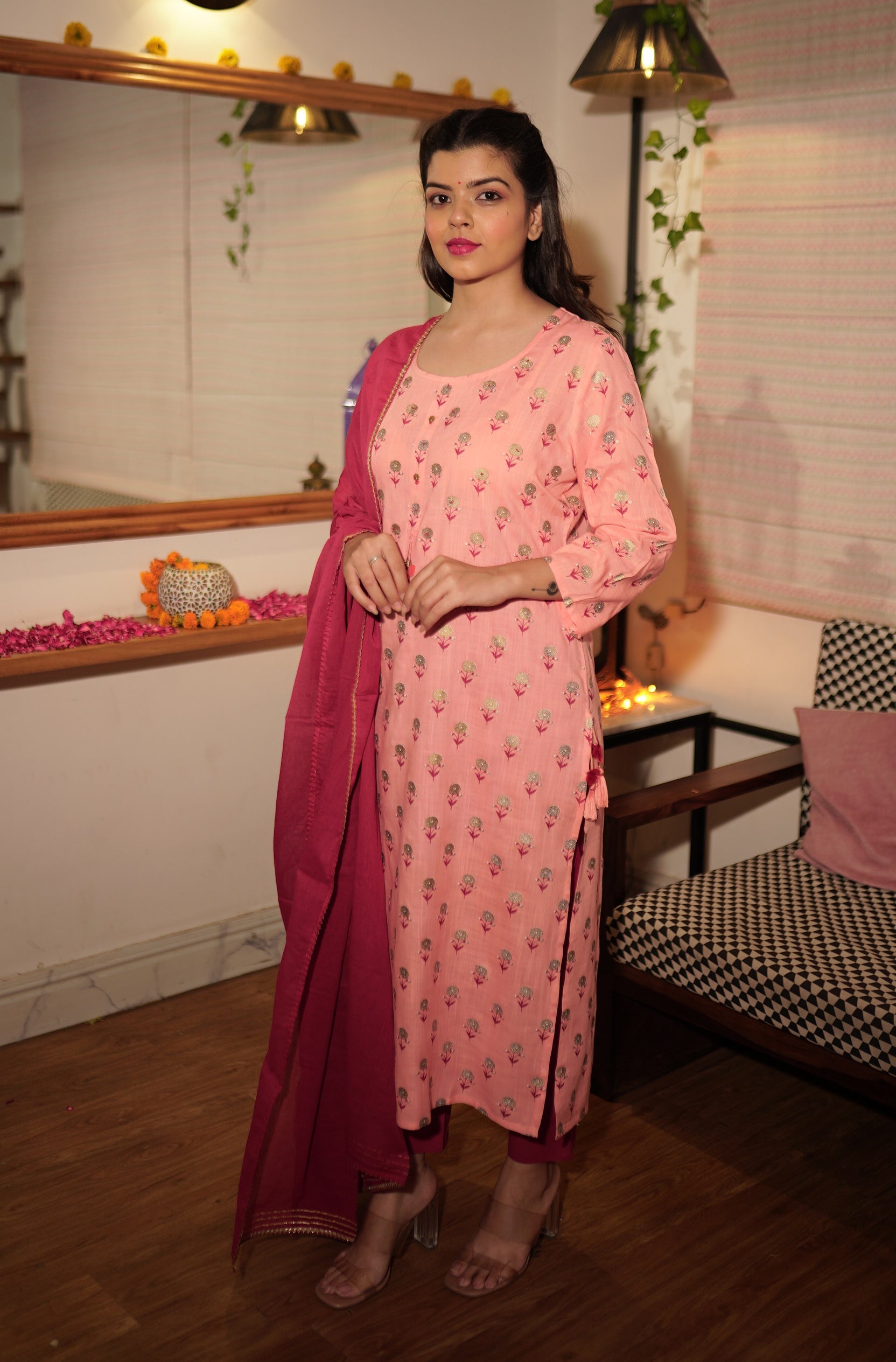 Kaajh Women's Pink Floral Gold Print Suit Set