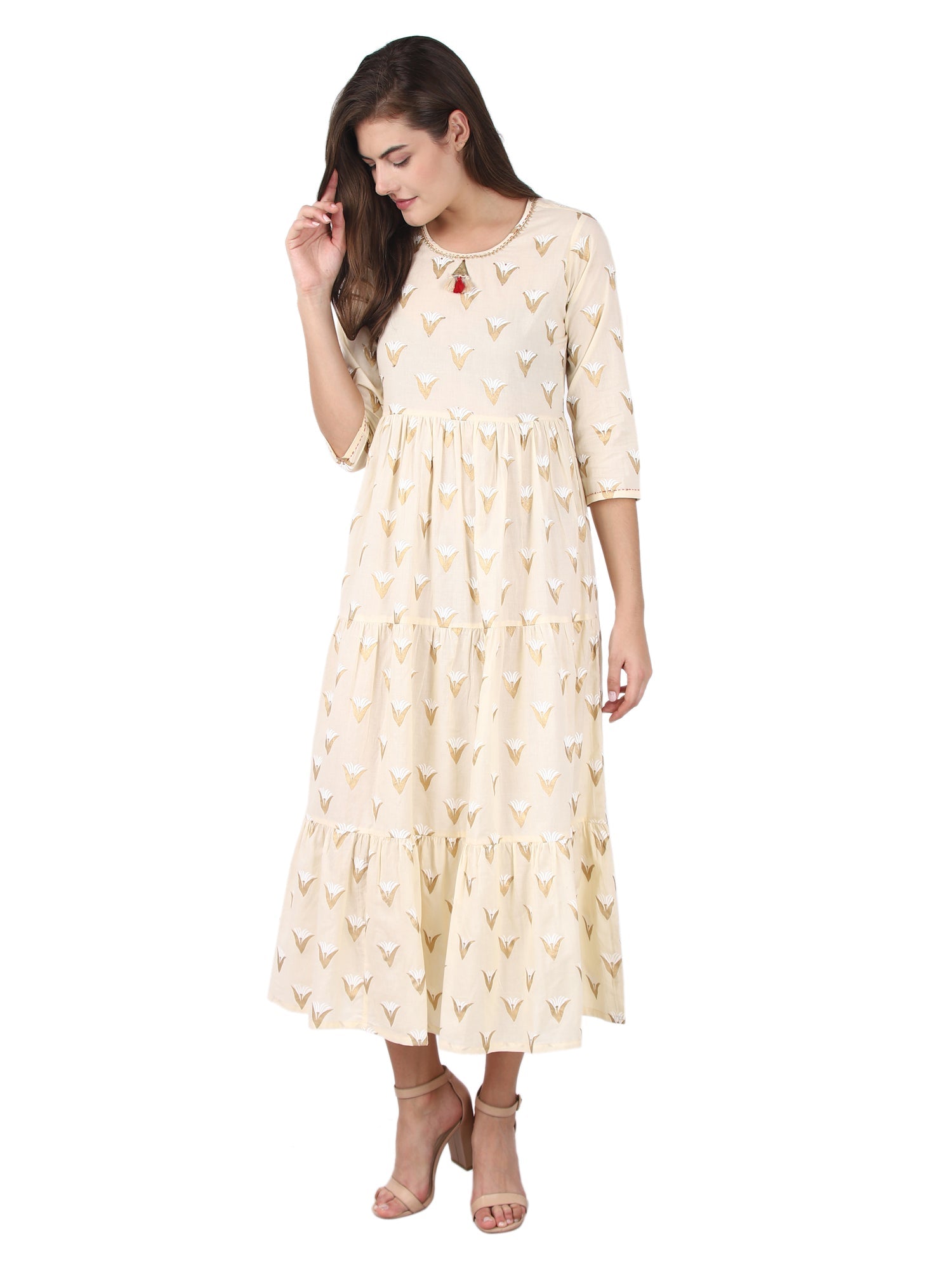 Kaajh Off White Gold Print kurta For Women