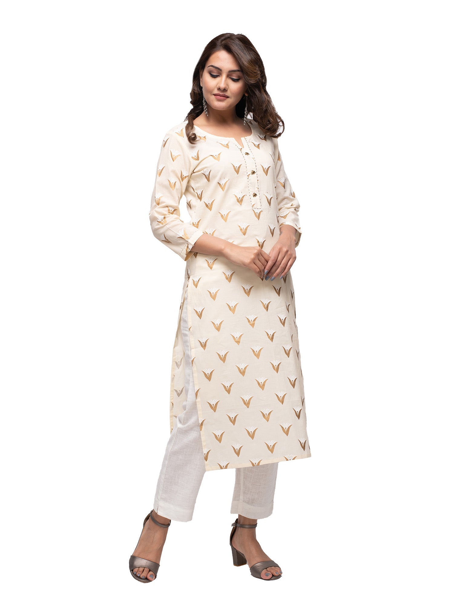 Kaajh Women's Off White Gold Print kurta