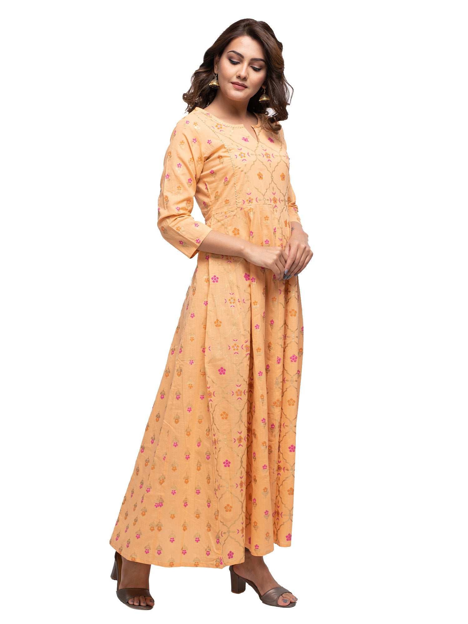 Kaajh Women's Orange Gold Print kurta