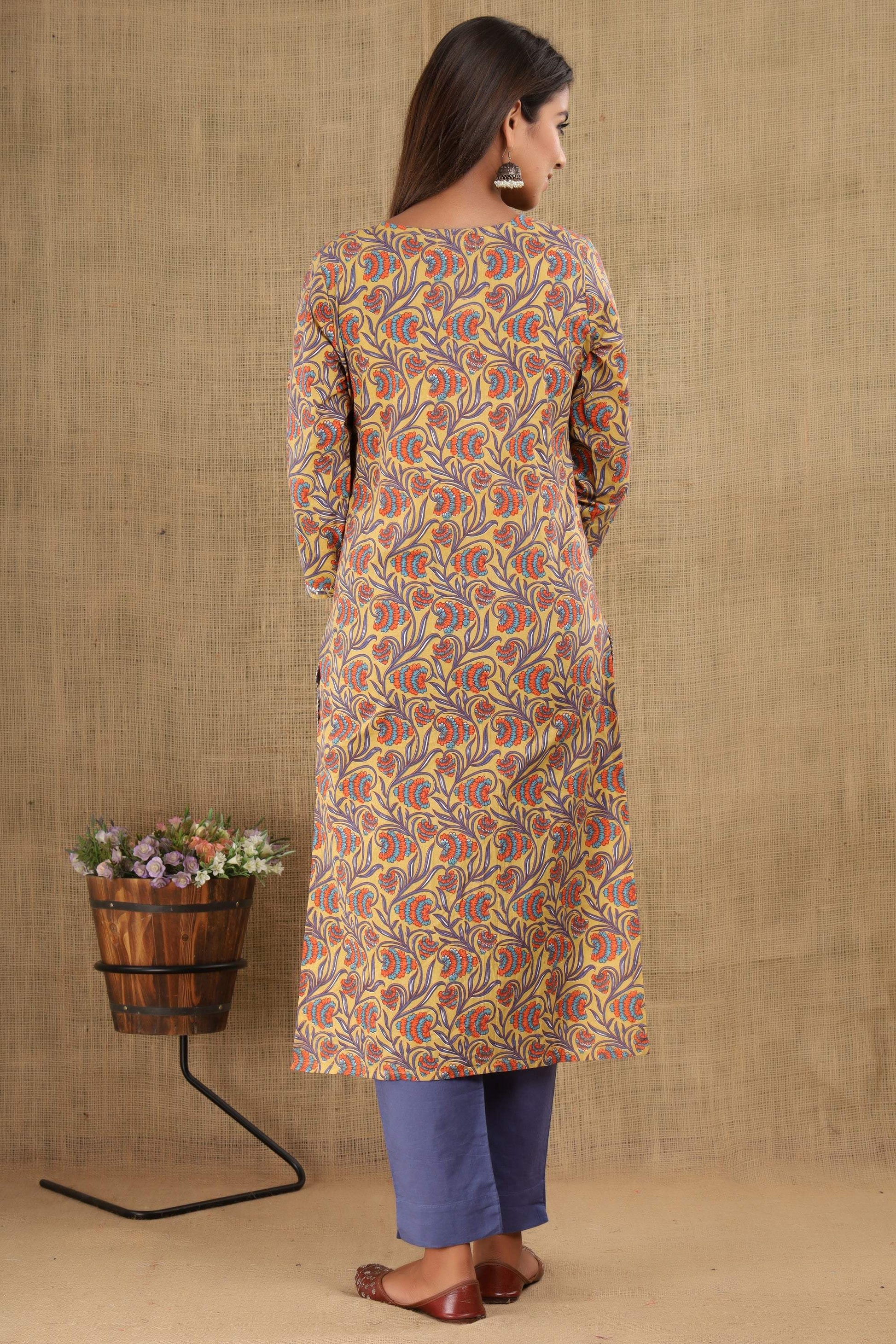 Kaajh Women's Blue Yellow Floral Print Suit Set