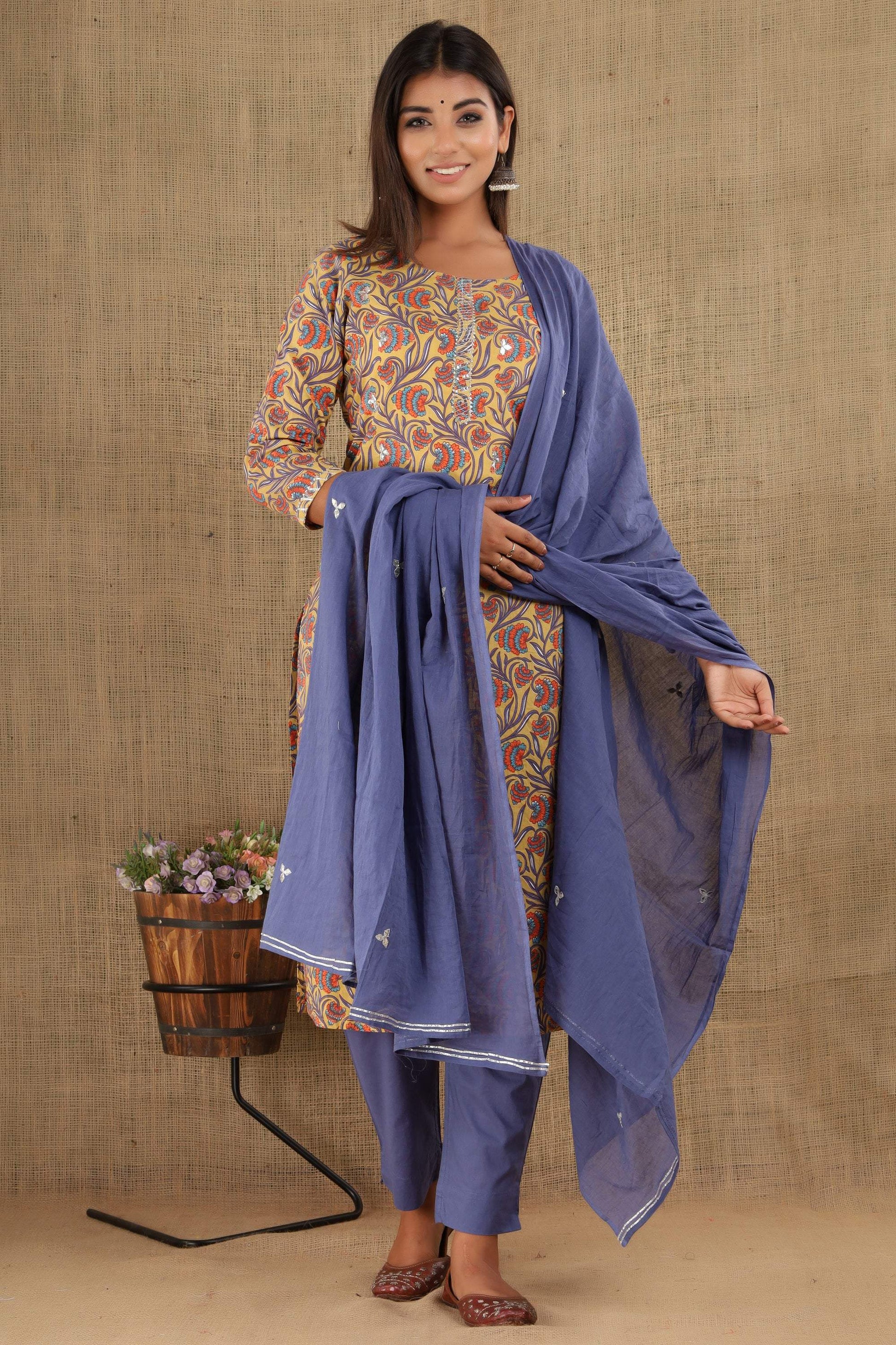 Kaajh Women's Blue Yellow Floral Print Suit Set