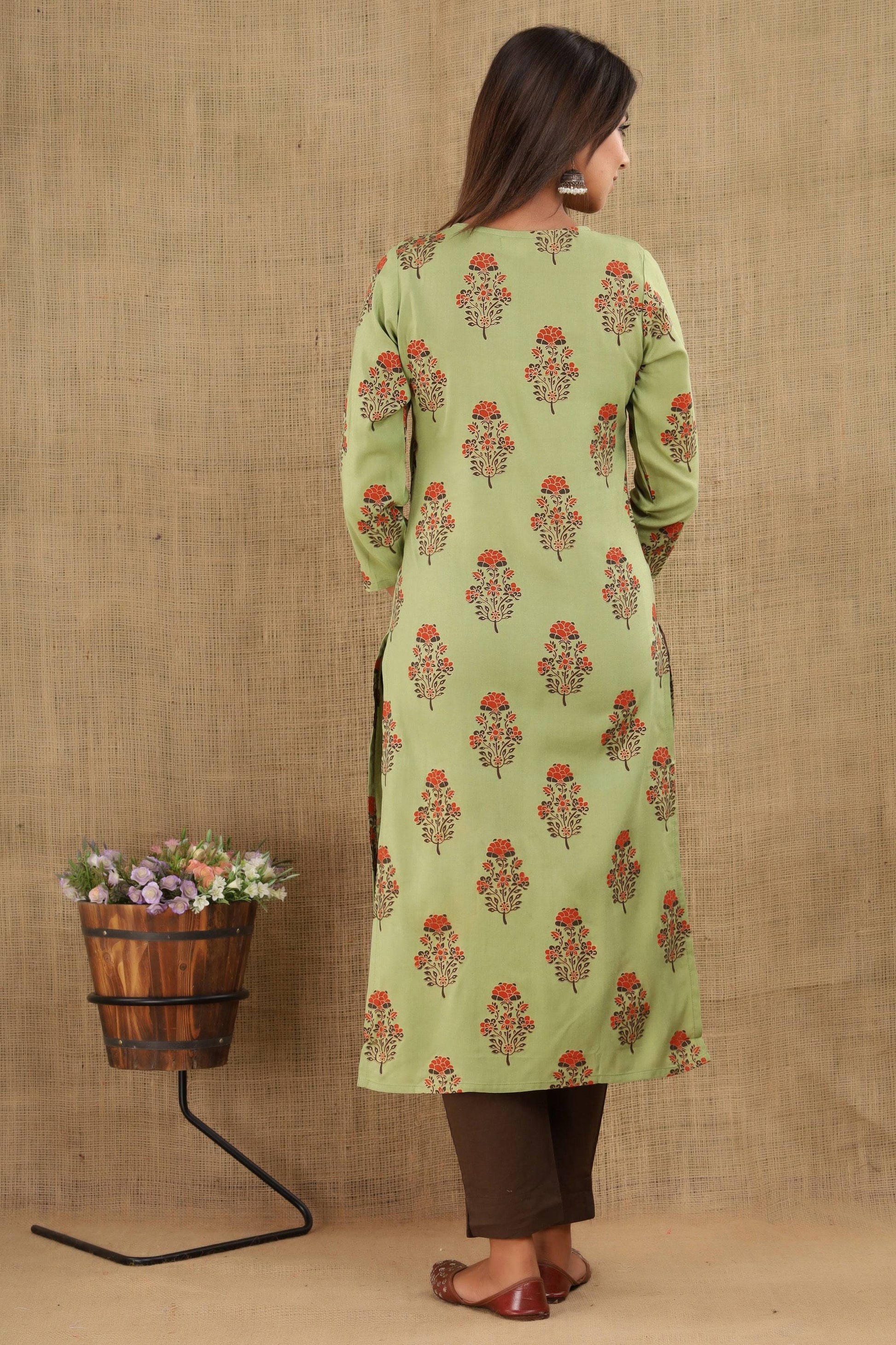Kaajh Women's Green Brown Floral Print Suit Set