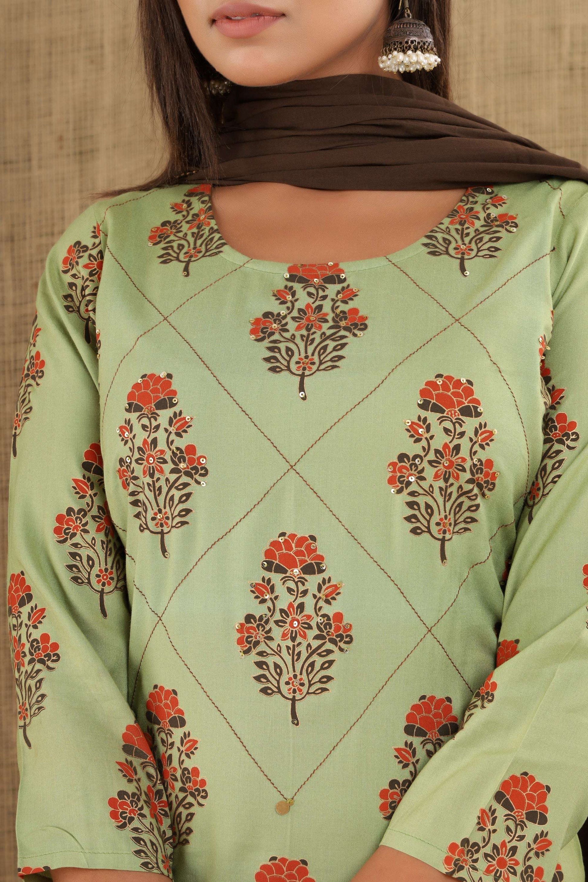 Kaajh Women's Green Brown Floral Print Suit Set