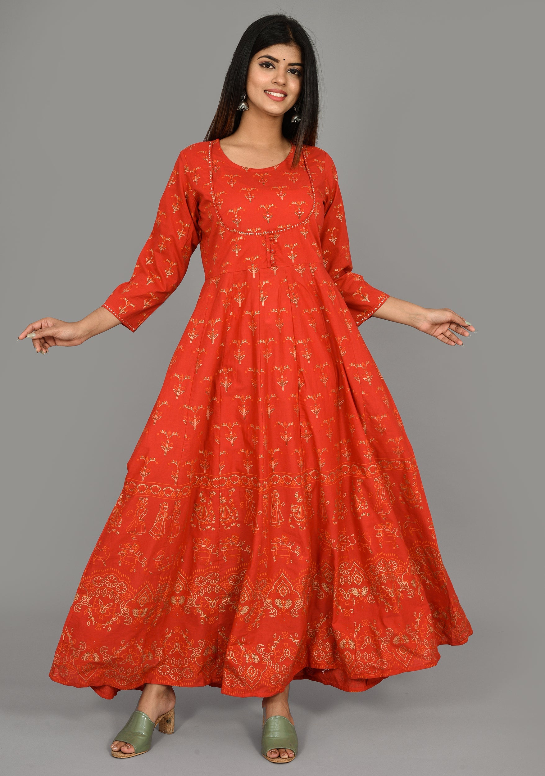 Kaajh Women's Red Gold Printed Kurta
