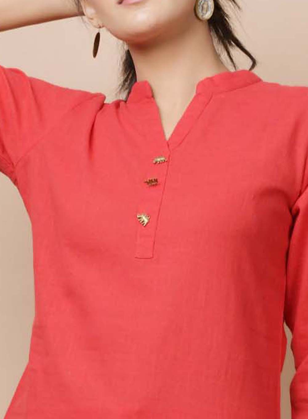 Kaajh Women's Red Solid Cotton Kurta Pant Set