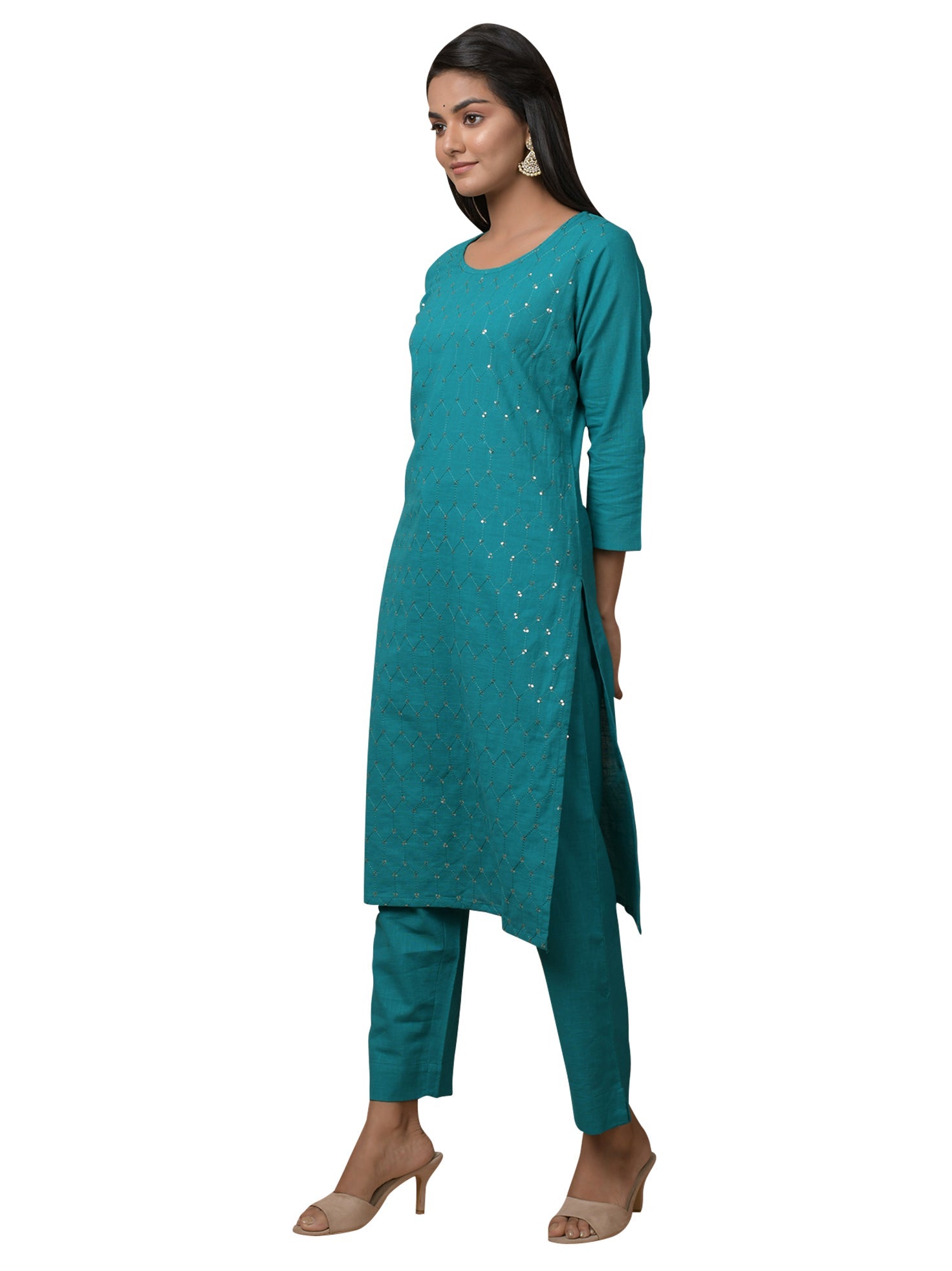 Kaajh Women's Green Solid Sequin Embellishment Kurta