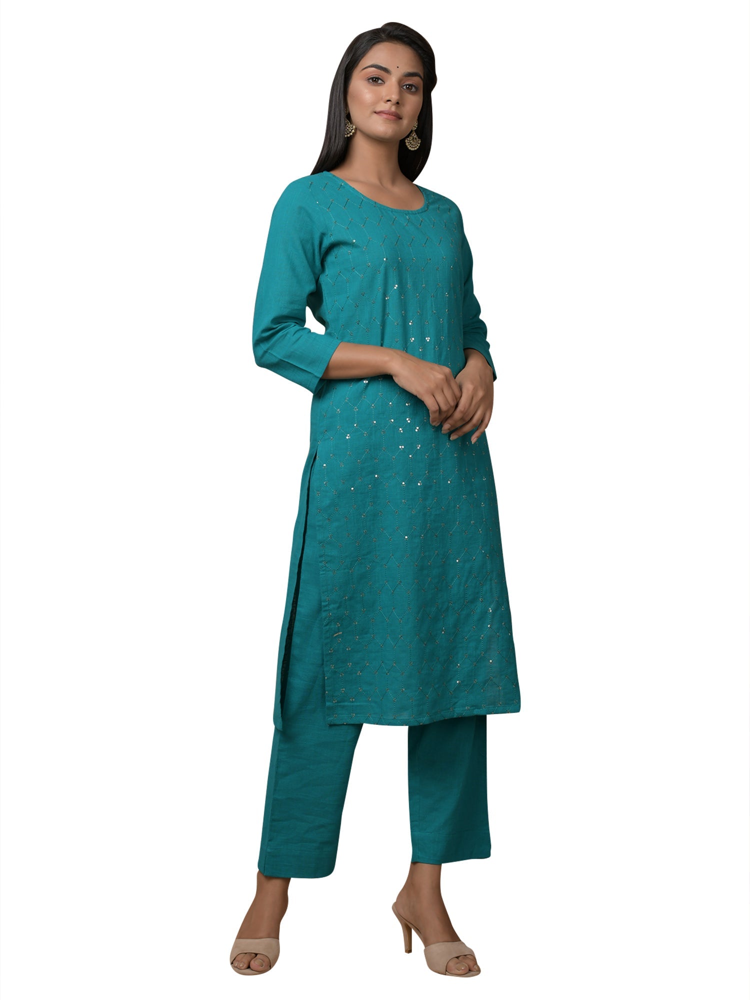 Kaajh Women's Green Solid Sequin Embellishment Kurta