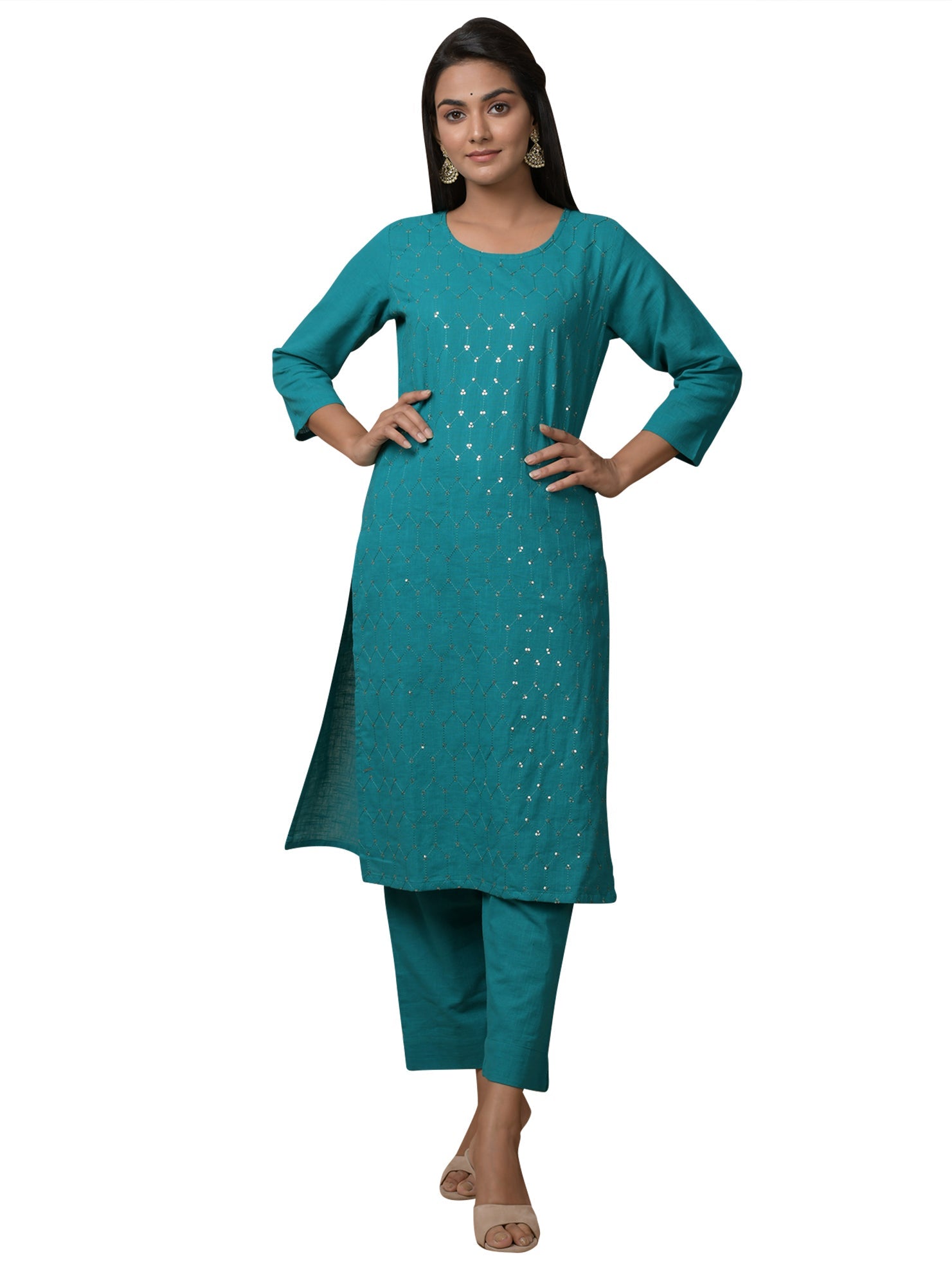 Kaajh Women's Green Solid Sequin Embellishment Kurta