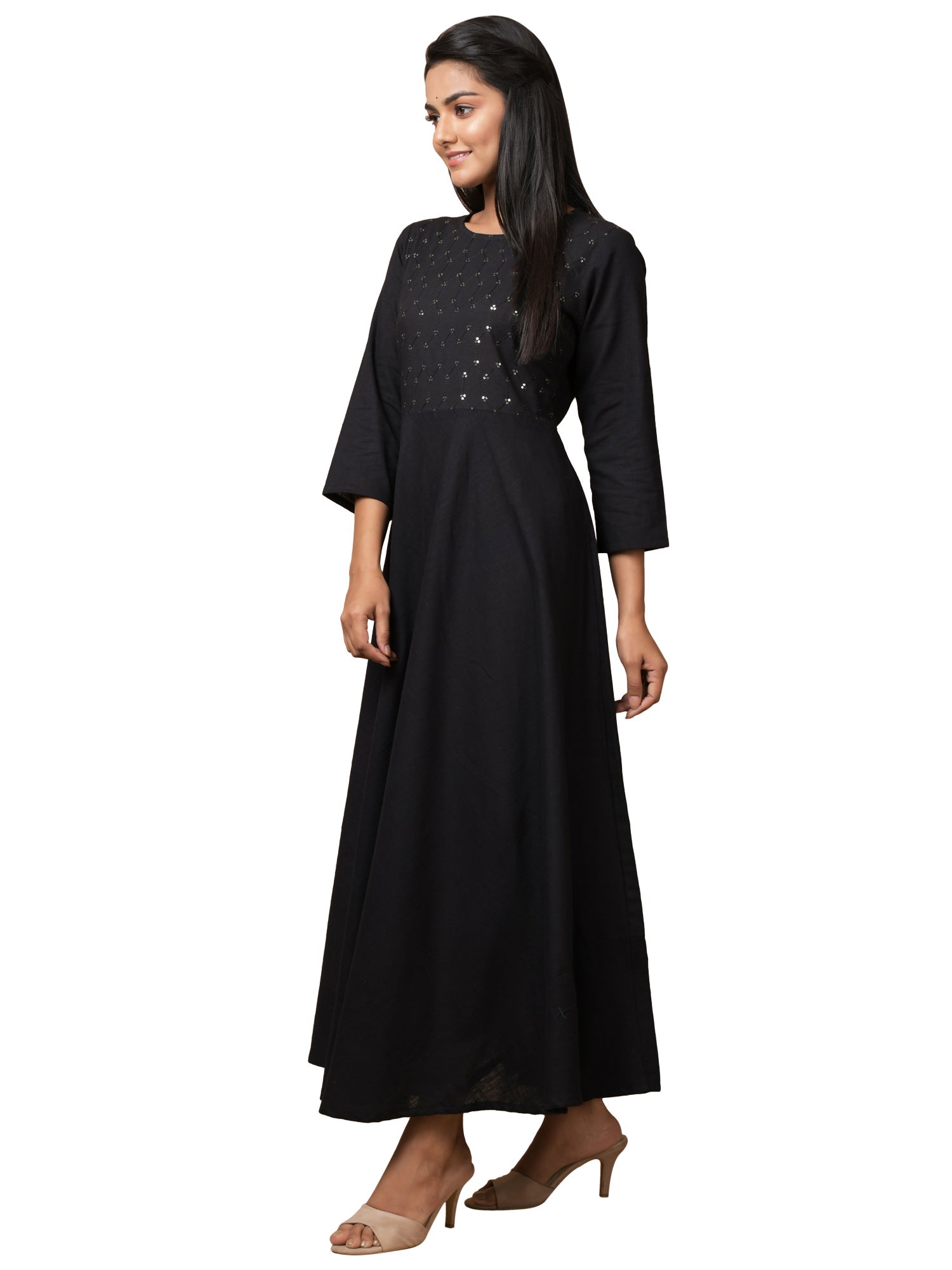 Kaajh Women's Black Solid Sequin Anarkali Kurta