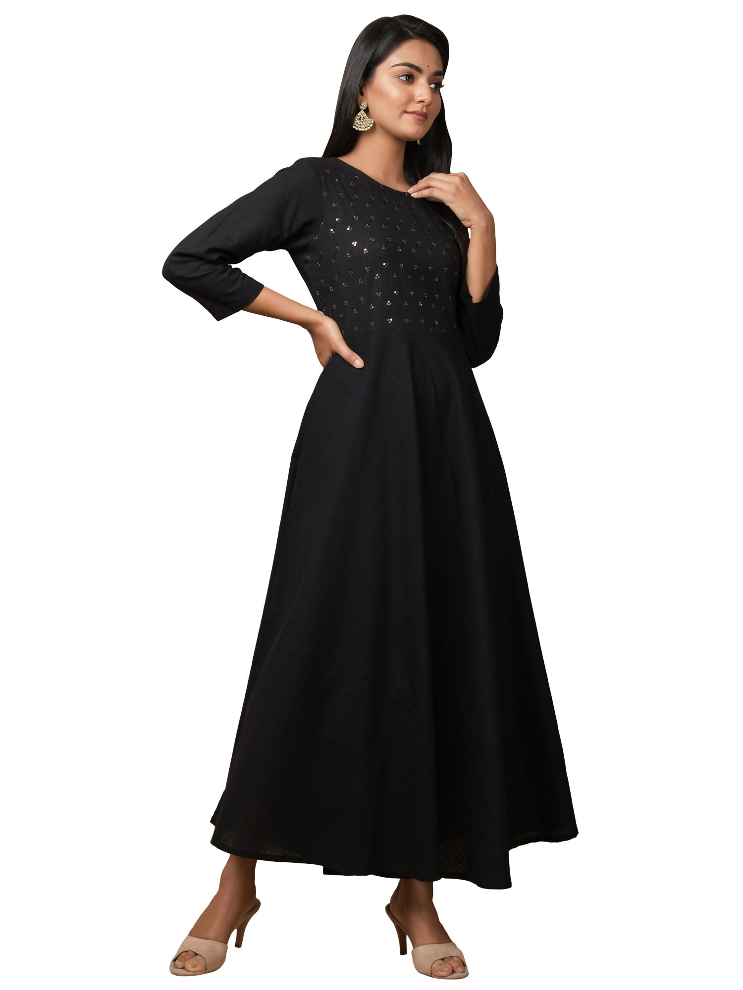 Kaajh Women's Black Solid Sequin Anarkali Kurta