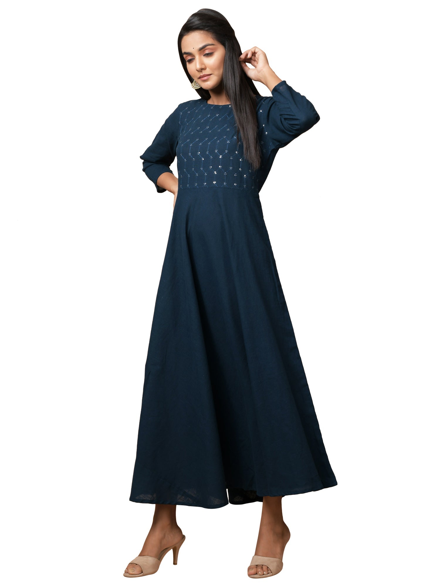 Kaajh Women's Blue Solid Sequin Anarkali Kurta
