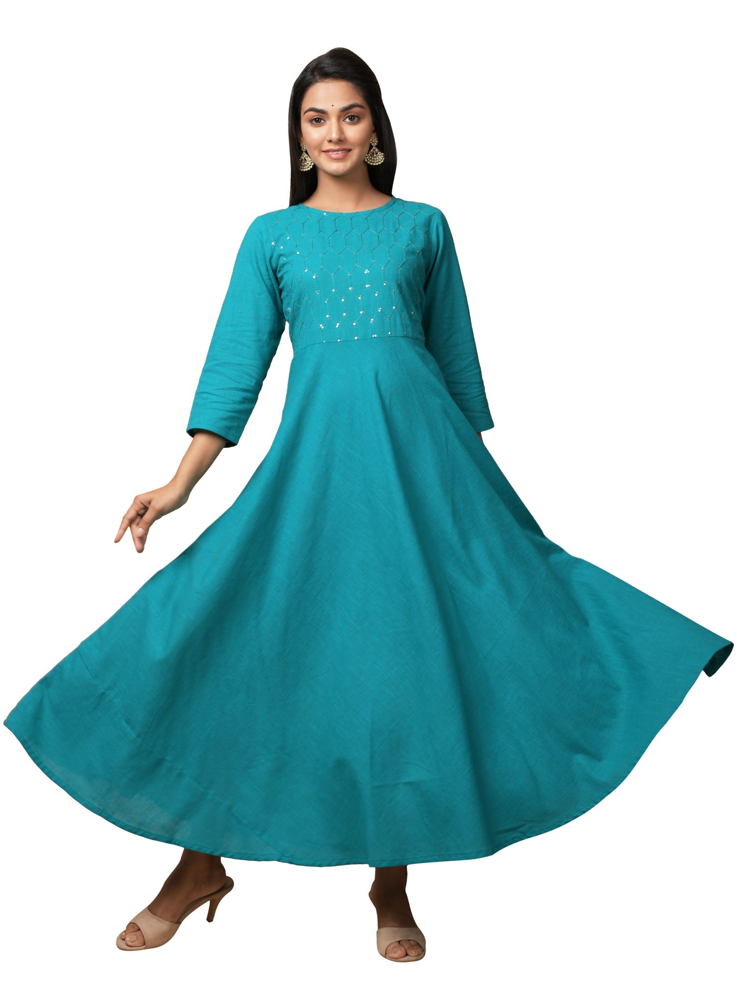 Kaajh Women's Green Solid Sequin Anarkali Kurta