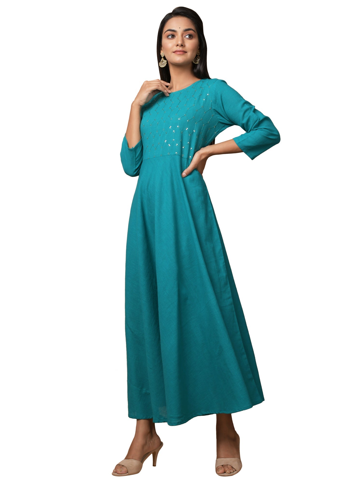Kaajh Women's Green Solid Sequin Anarkali Kurta