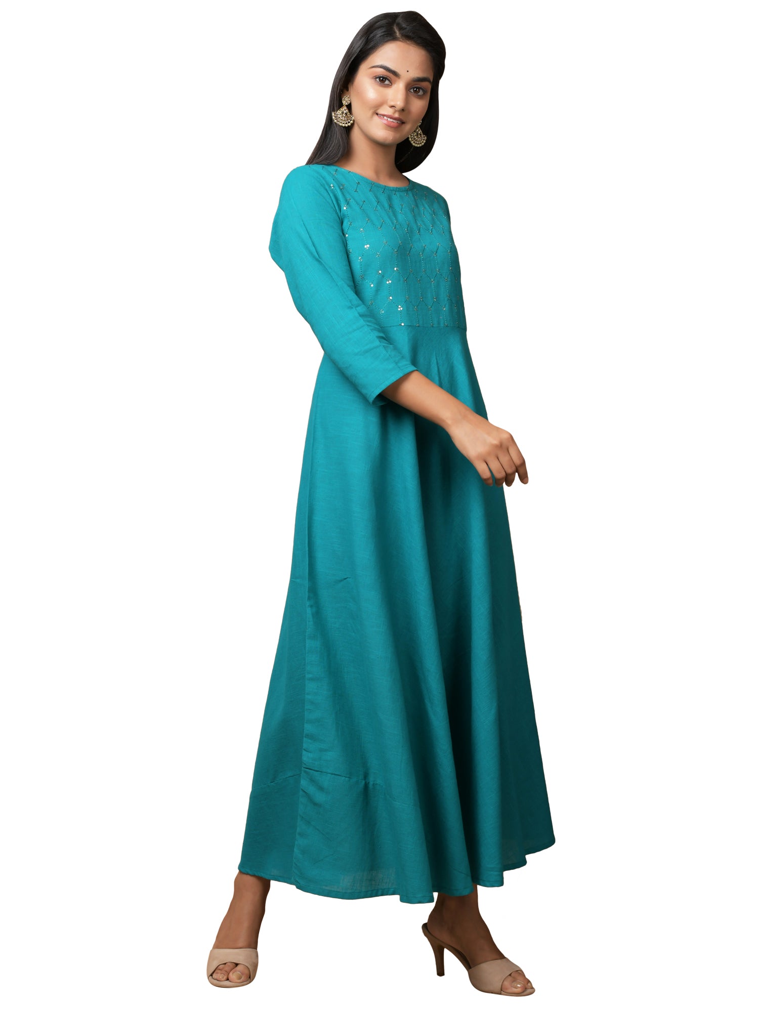 Kaajh Women's Green Solid Sequin Anarkali Kurta
