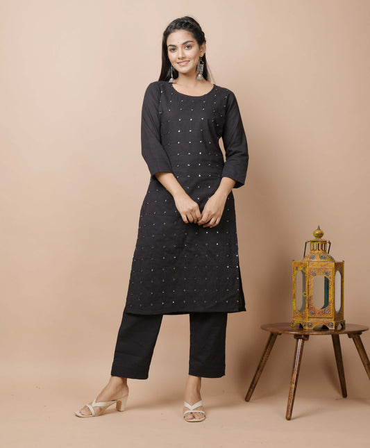 Kaajh Women's Black Solid Mirror Embellished Kurta Pant Set