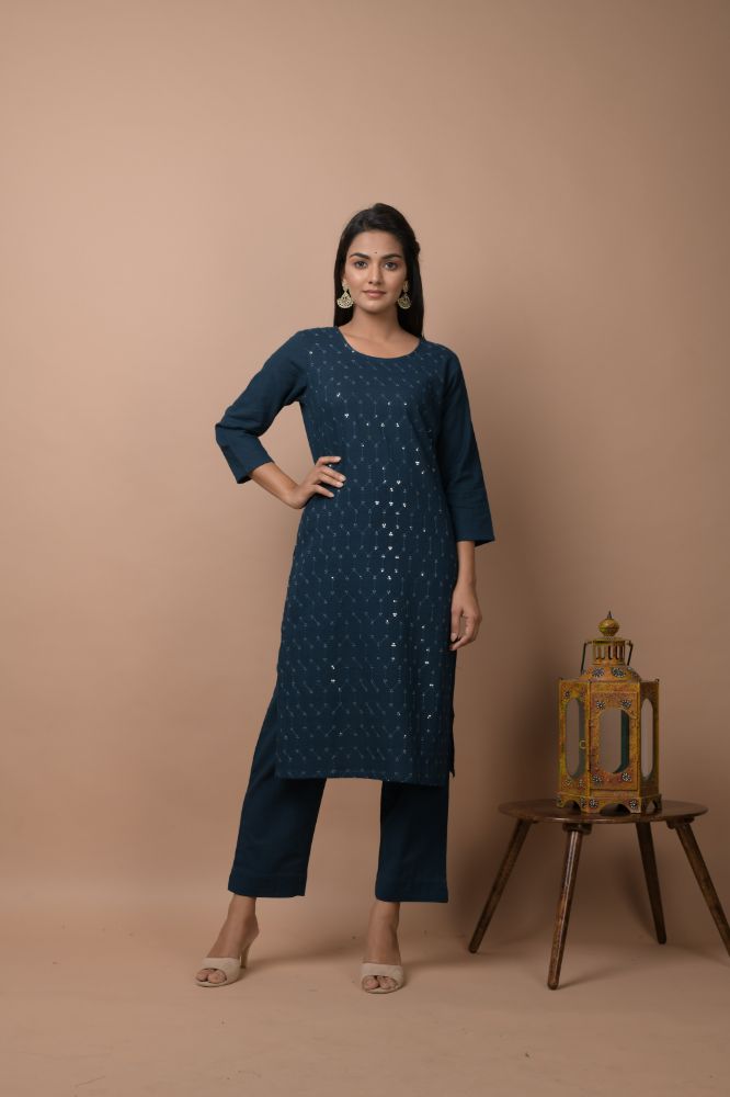 Kaajh Women's Navy Blue Solid Sequins Embellished Kurta Pant Set