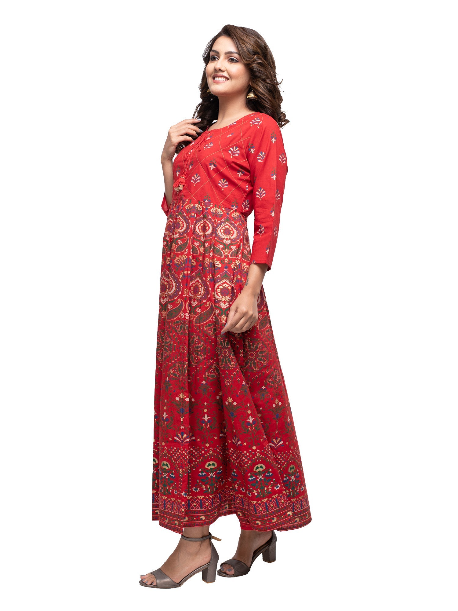 Kaajh Women's Red Gold Printed Ethnic Kurta