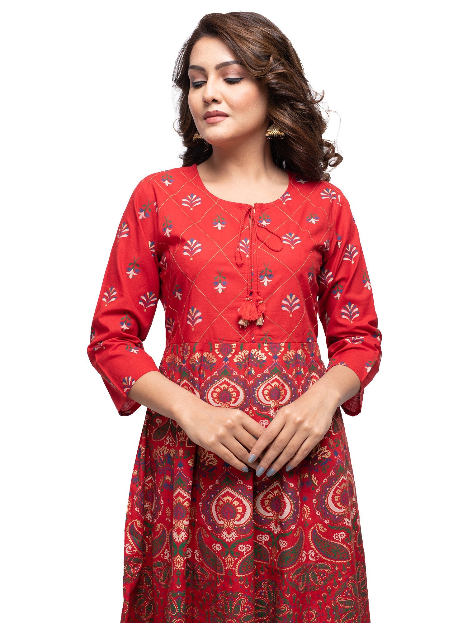 Kaajh Women's Red Gold Printed Ethnic Kurta