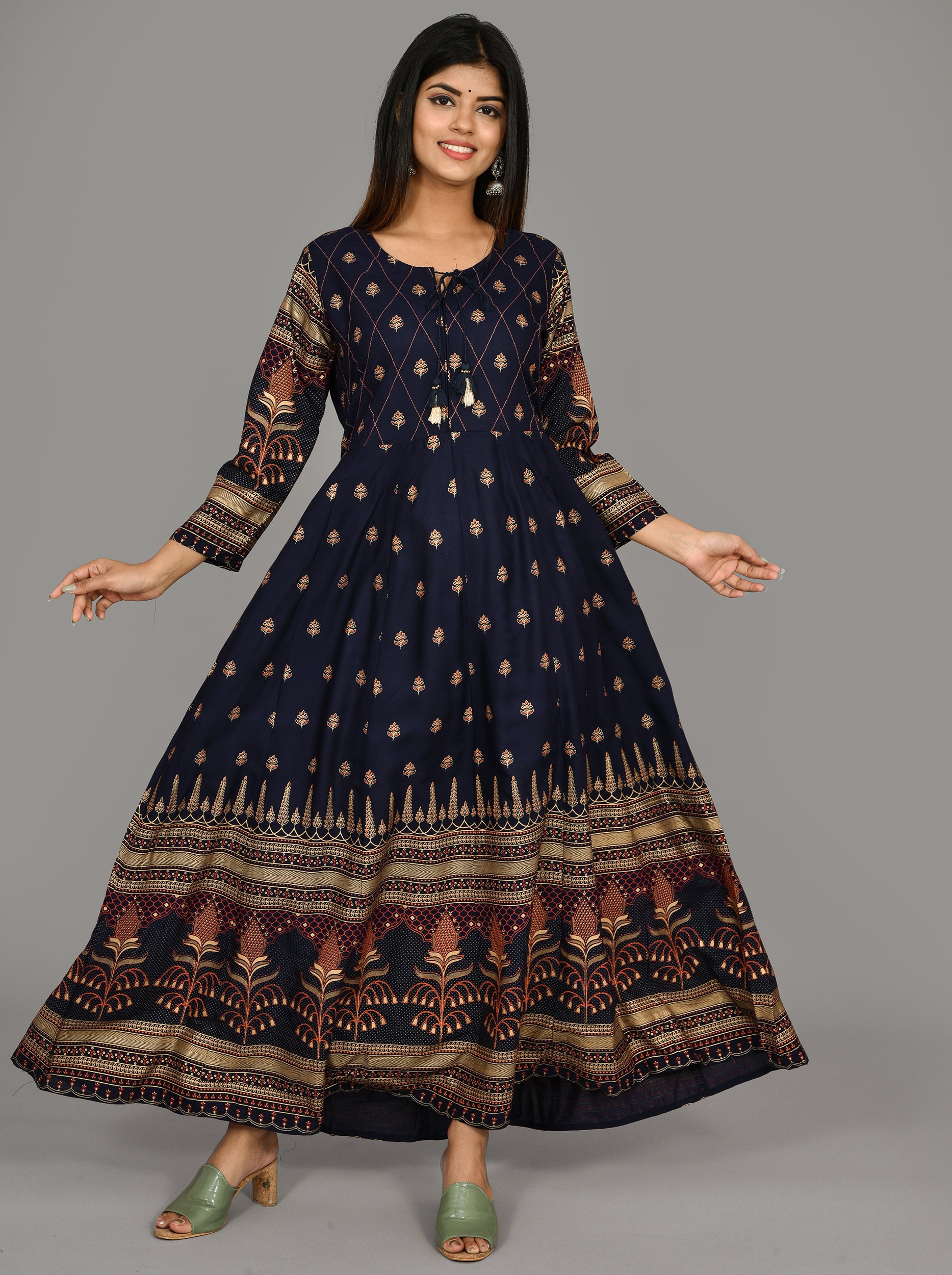 Kaajh Women's Blue Gold Printed Ethnic Kurta