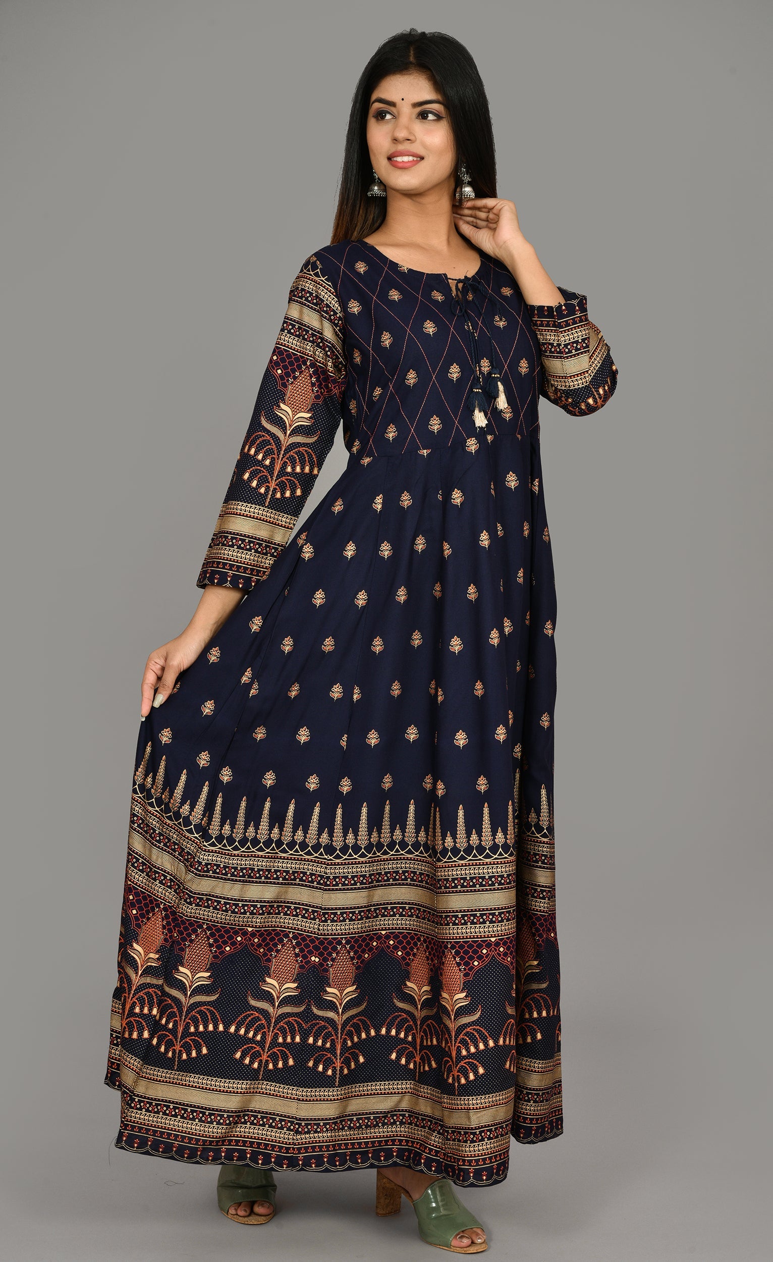 Kaajh Women's Blue Gold Printed Ethnic Kurta