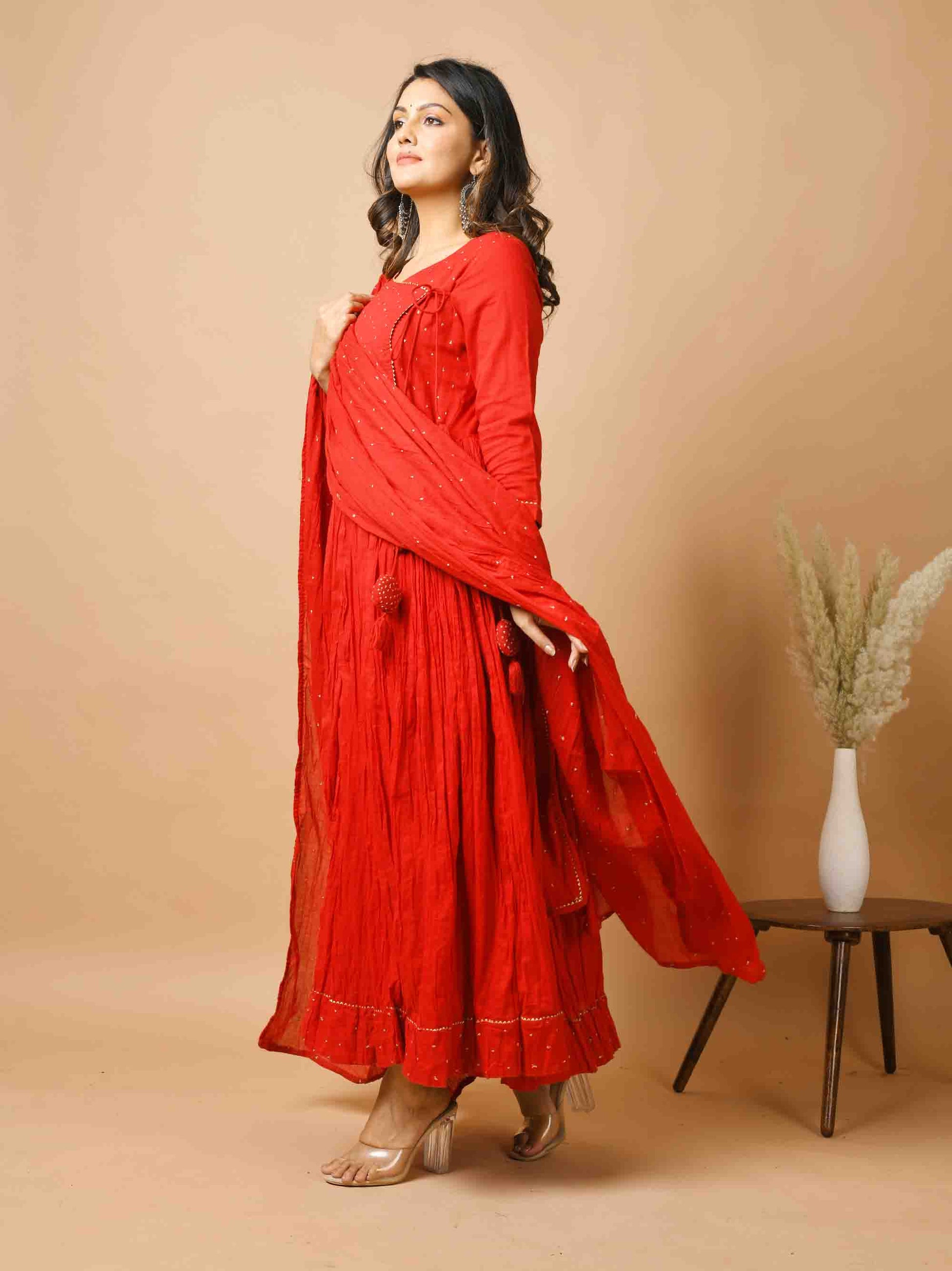 Kaajh Women's Red Zari Embellishment Angrakha Suit Set