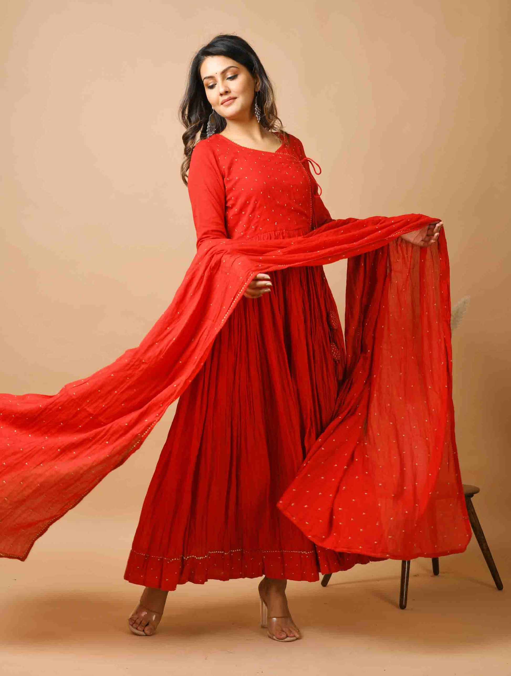Kaajh Women's Red Zari Embellishment Angrakha Suit Set