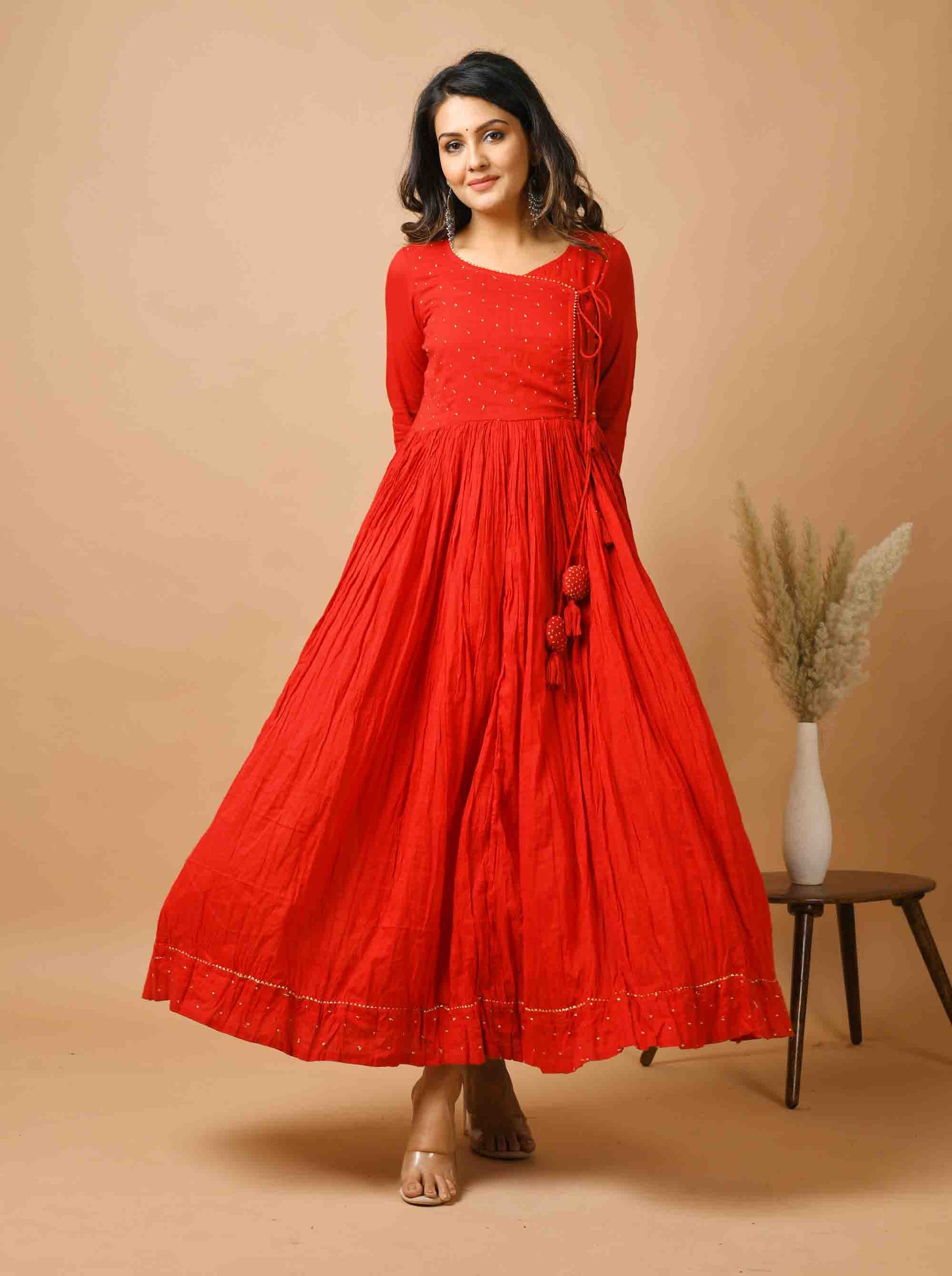 Kaajh Women's Red Zari Embellishment Angrakha Suit Set