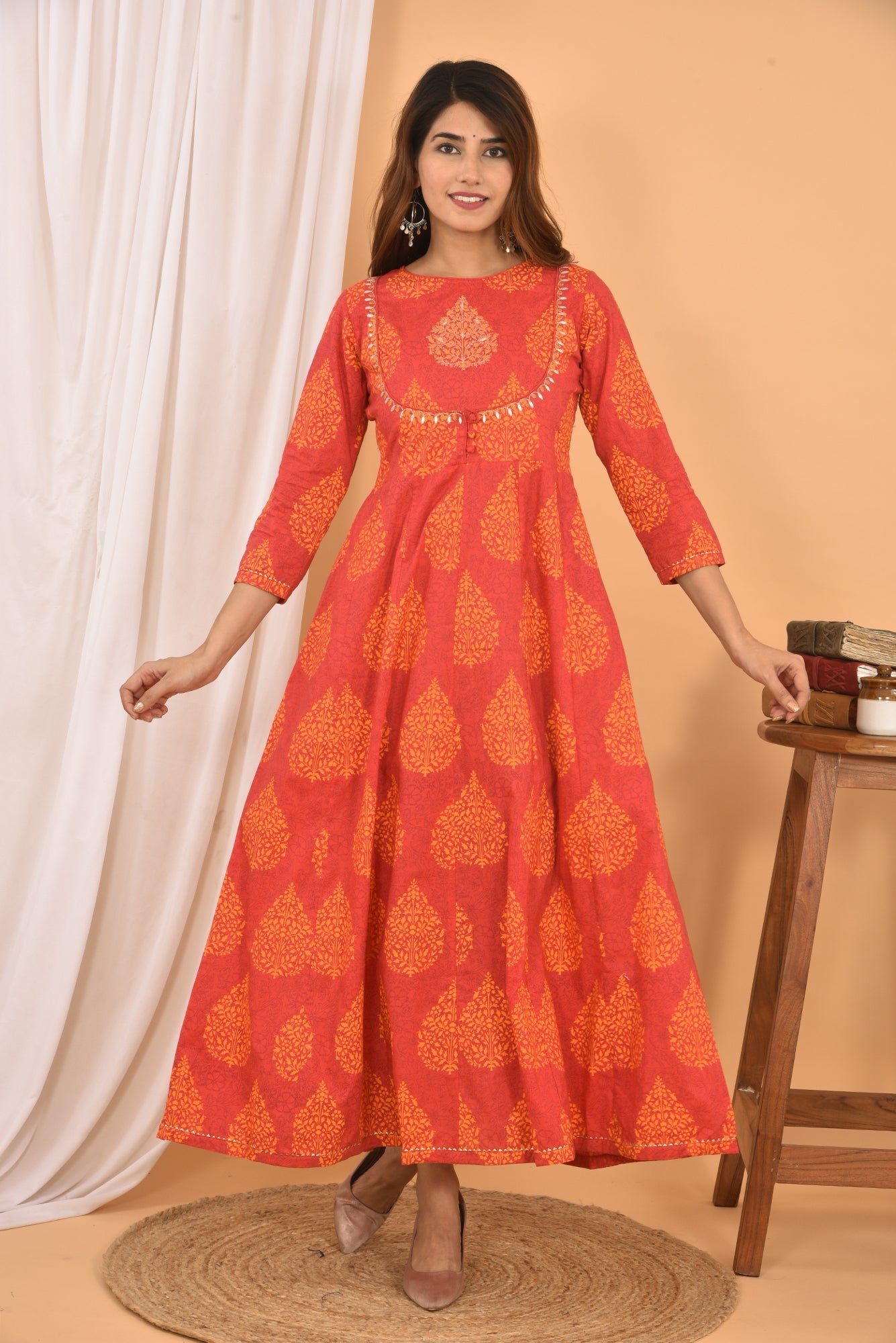Kaajh Women's Orange Printed Anarkali Kurta