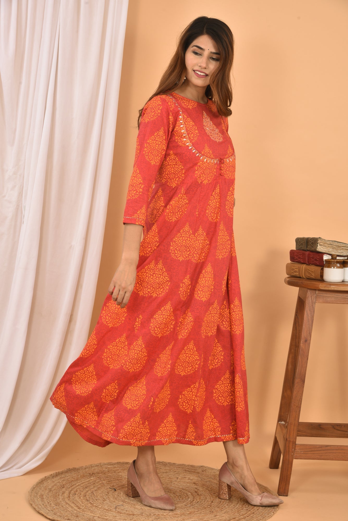 Kaajh Women's Orange Printed Anarkali Kurta