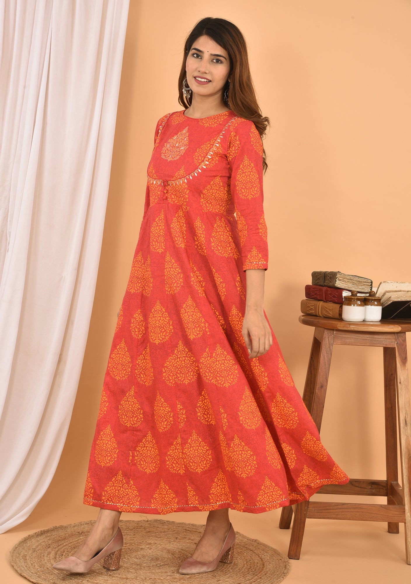 Kaajh Women's Orange Printed Anarkali Kurta