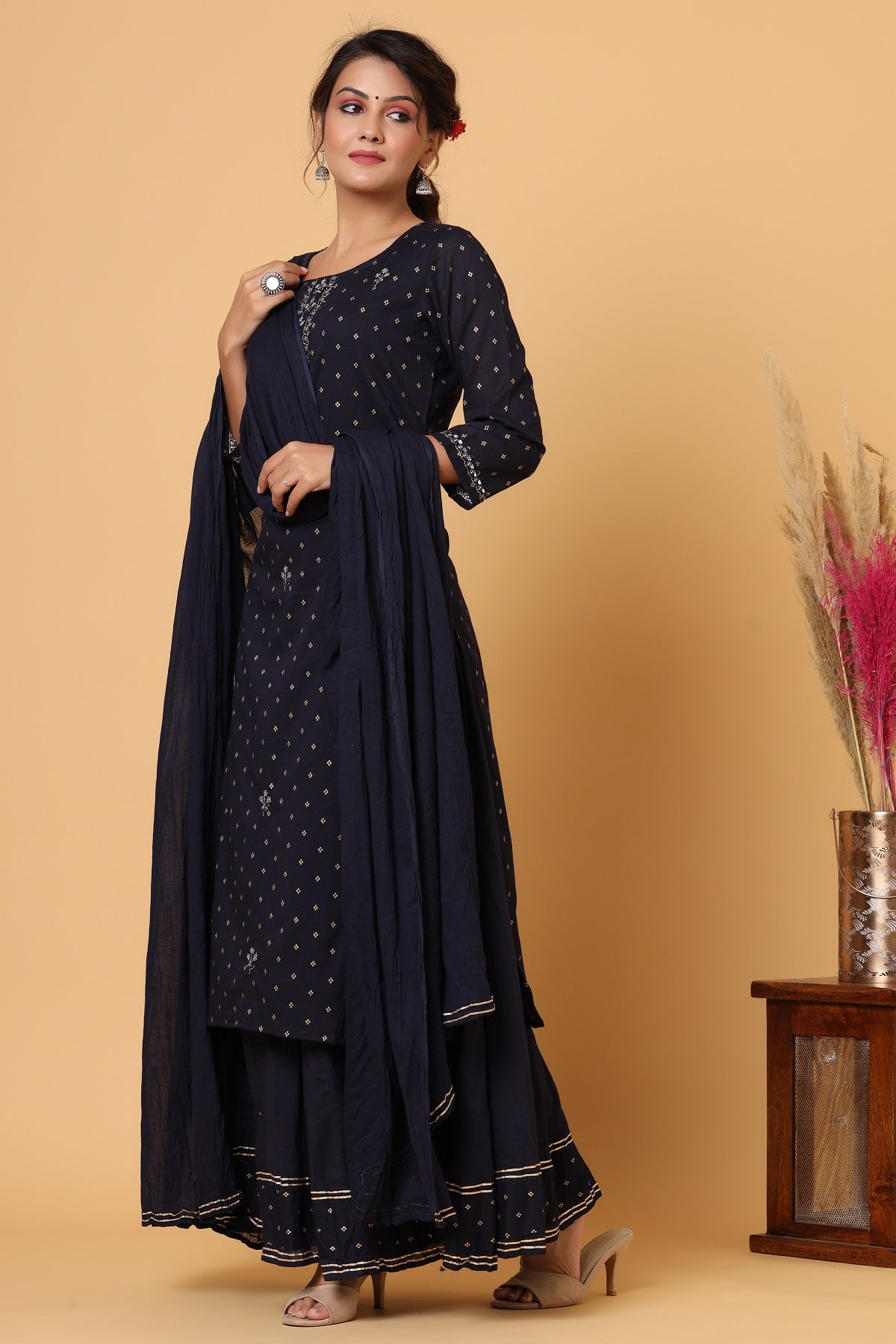 Kaajh Women's Blue Gold Print Suit Set