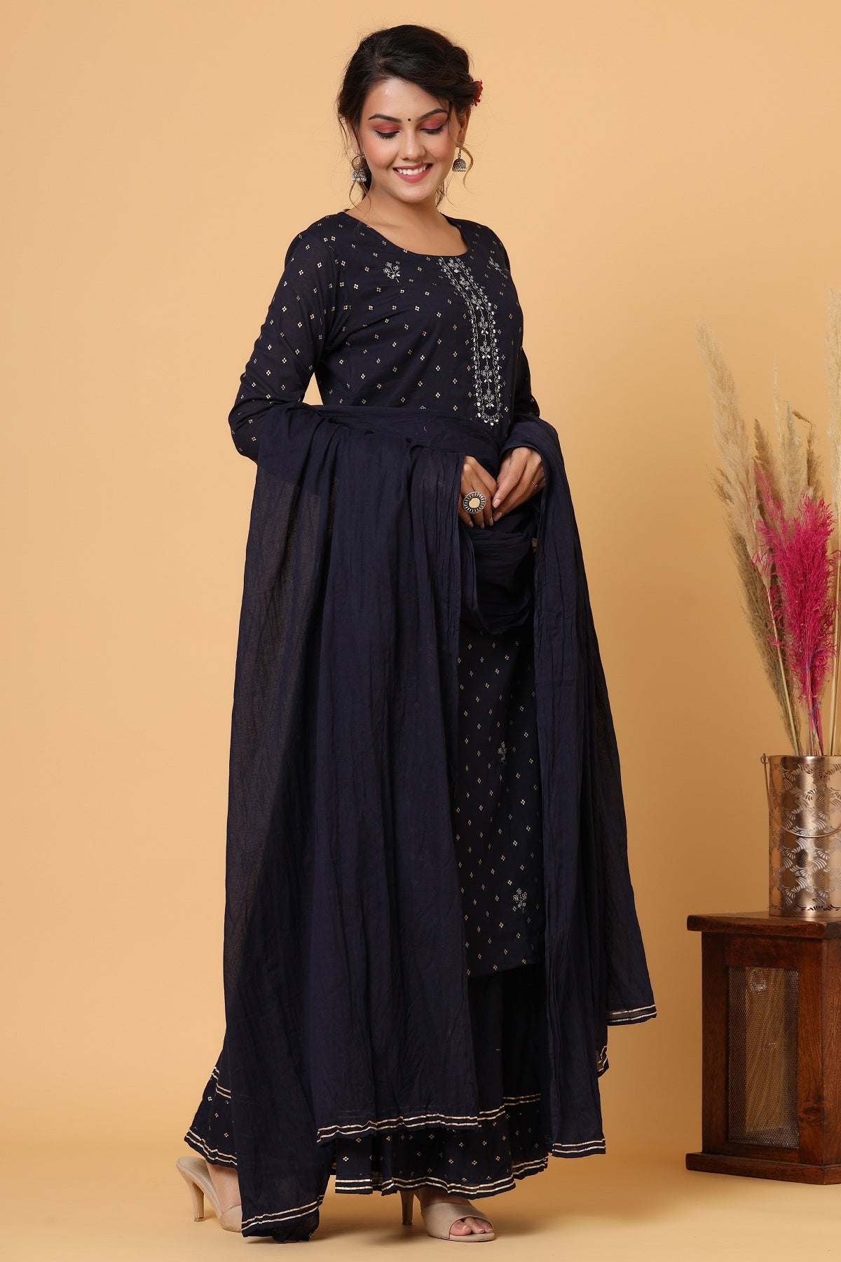 Kaajh Women's Blue Gold Print Suit Set