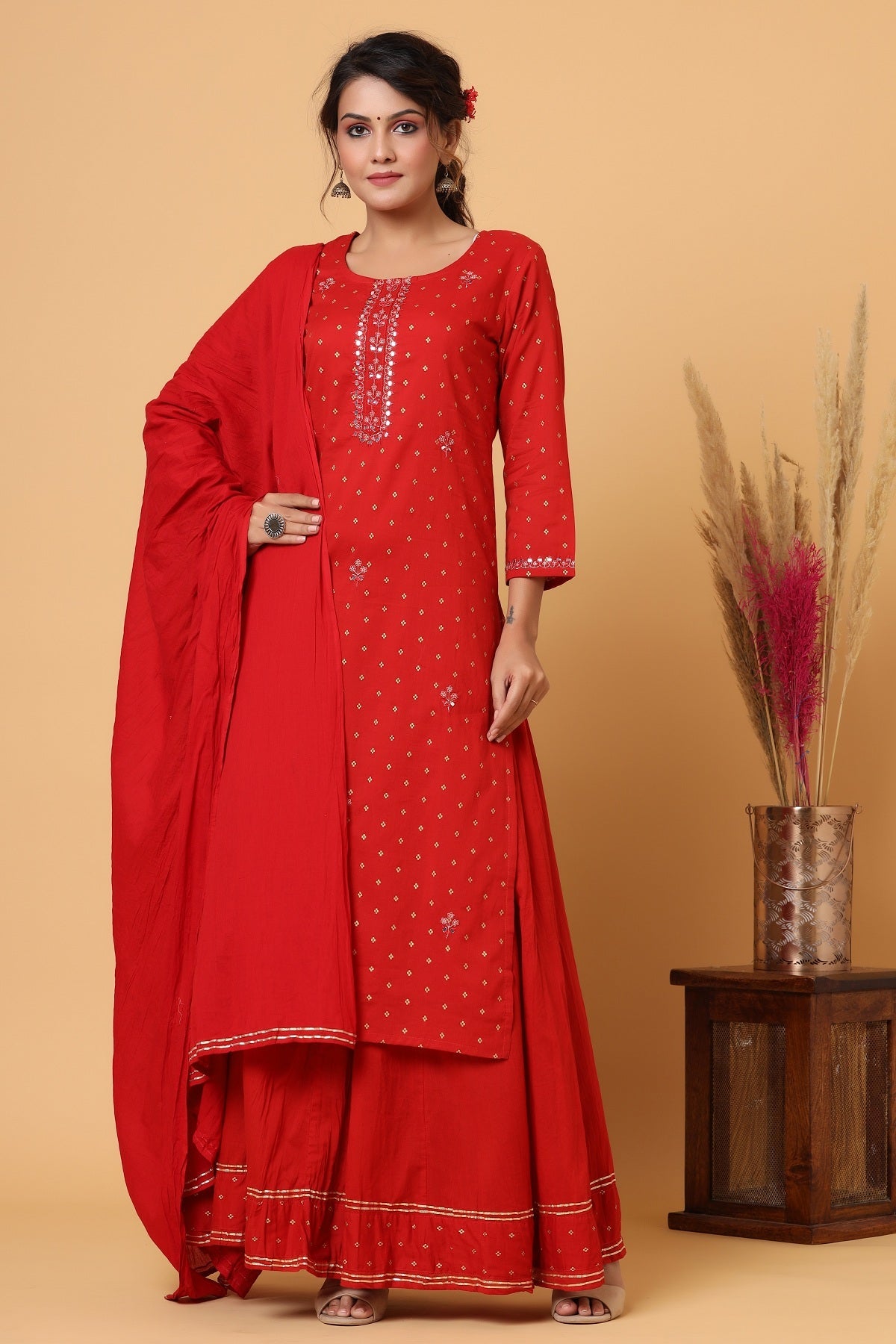Kaajh Women's Red Gold Print Suit Set