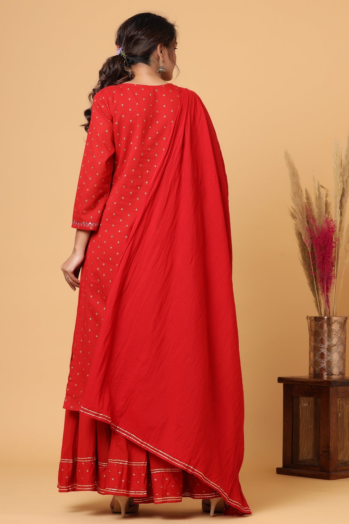 Kaajh Women's Red Gold Print Suit Set