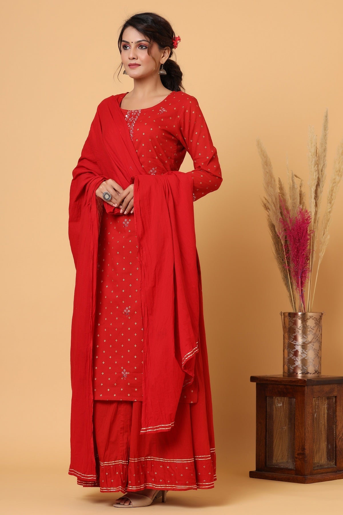 Kaajh Women's Red Gold Print Suit Set