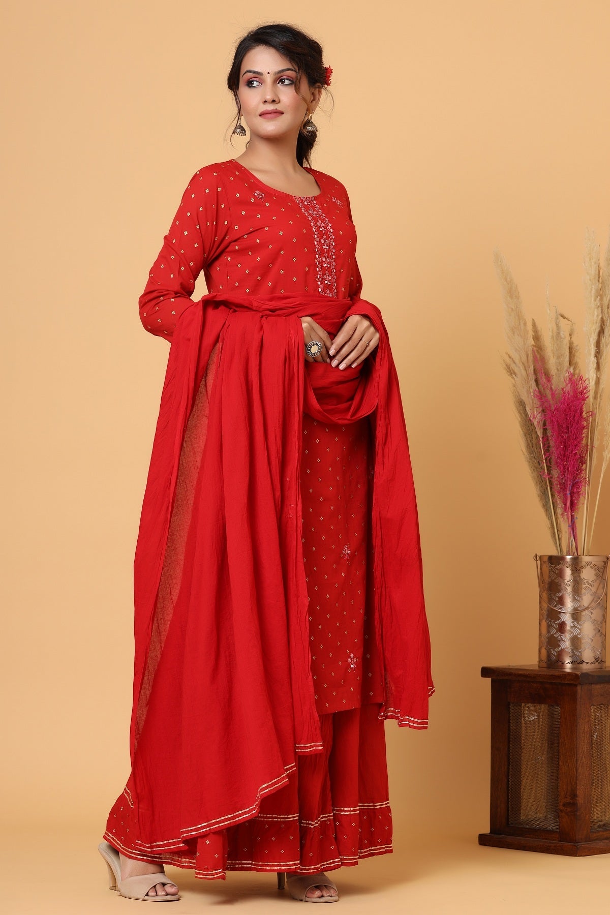 Kaajh Women's Red Gold Print Suit Set