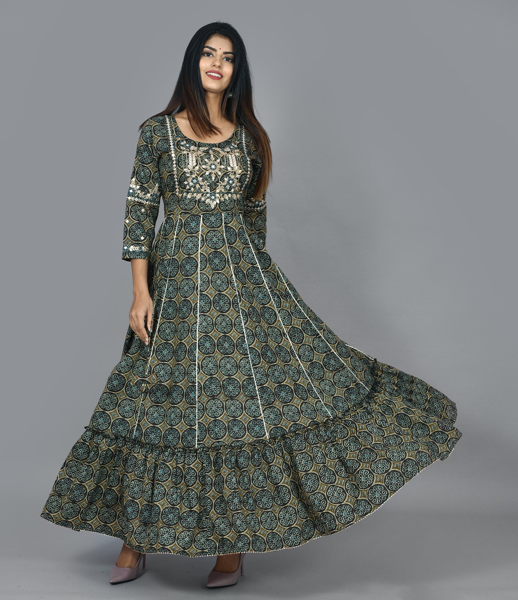 Kaajh Green Mirror Embroidery Anarkali Kurta For Women