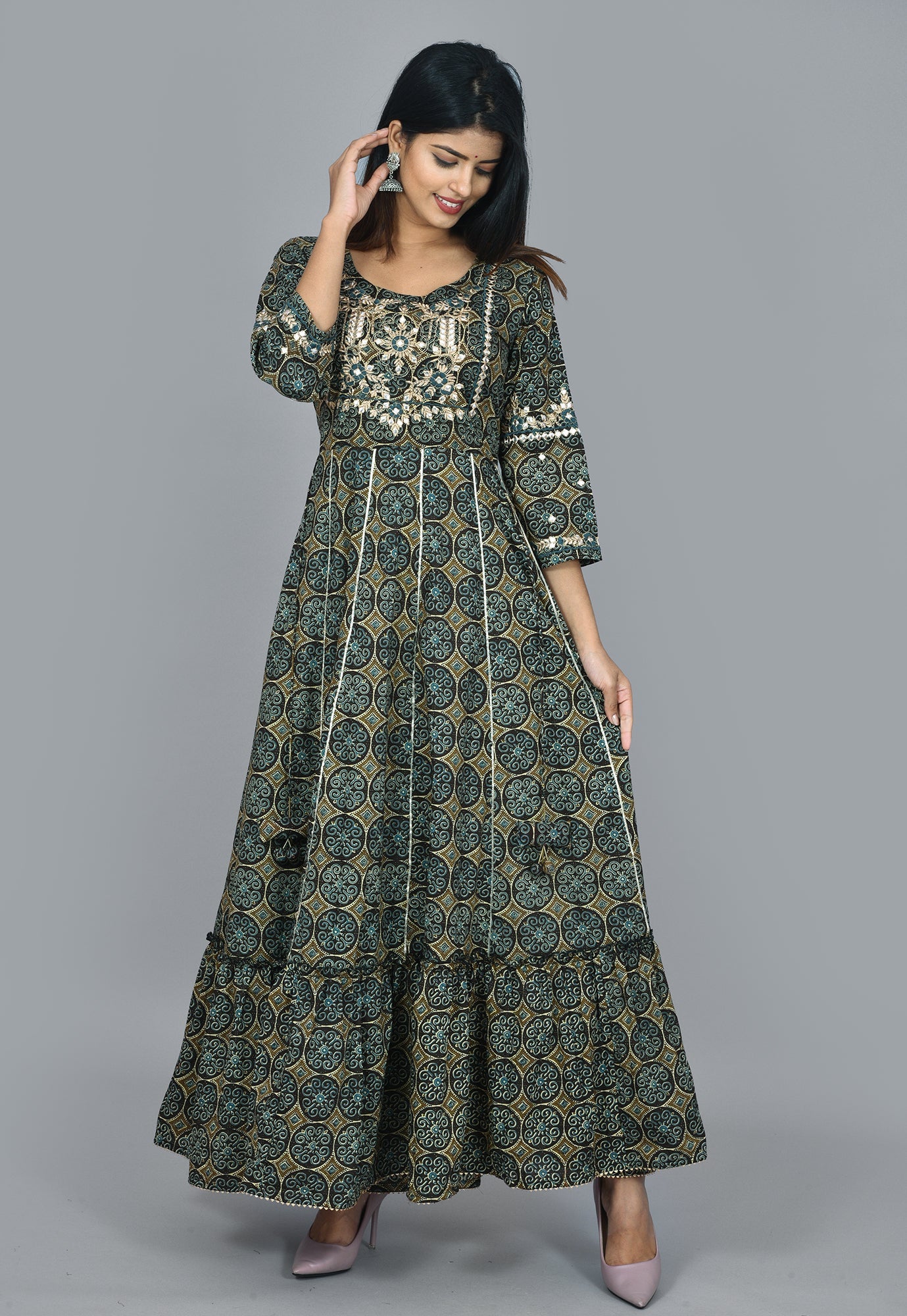 Kaajh Green Mirror Embroidery Anarkali Kurta For Women