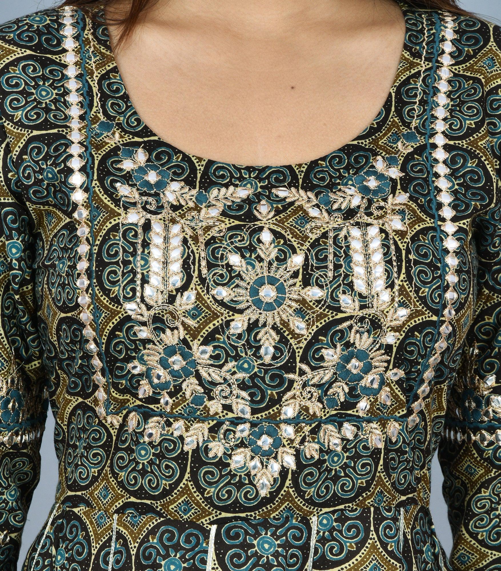 Kaajh Green Mirror Embroidery Anarkali Kurta For Women