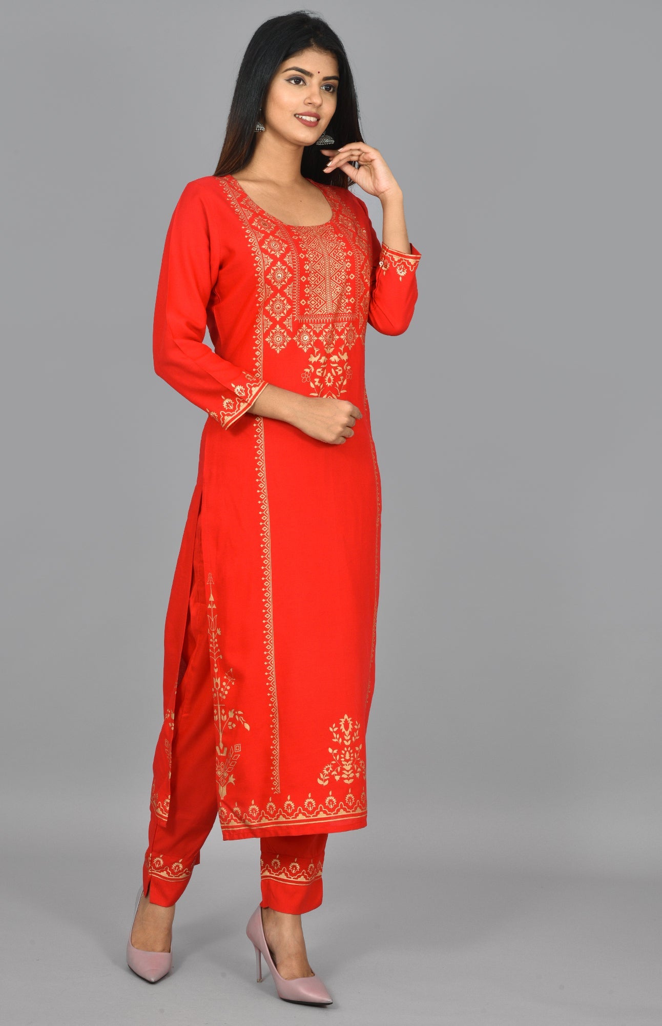 Kaajh Women's Red Gold Printed Kurta Pant Set
