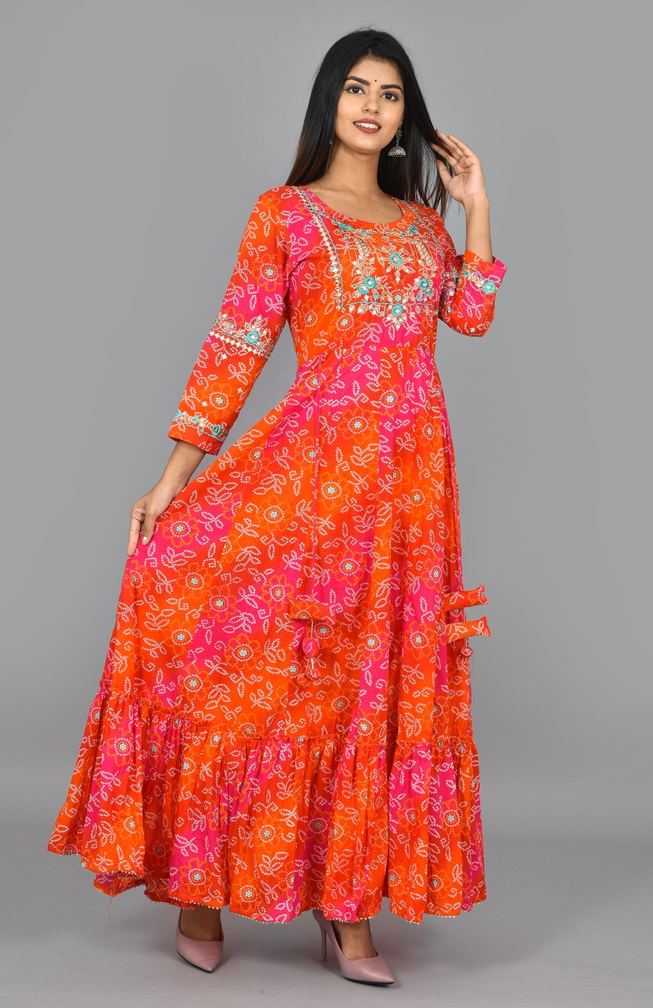 Kaajh Women's Orange Zari Embroidery Anarkali Kurta