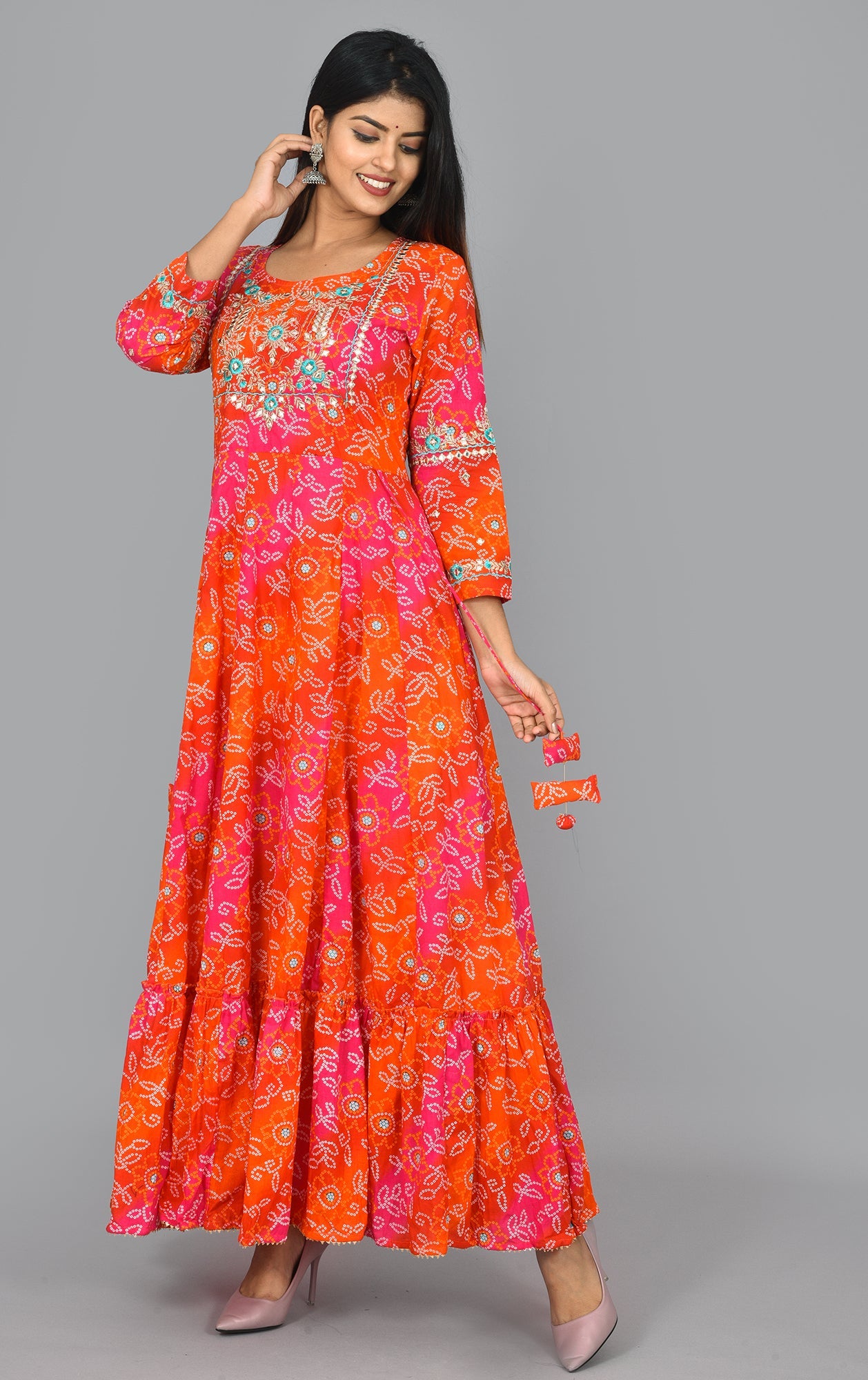 Kaajh Women's Orange Zari Embroidery Anarkali Kurta