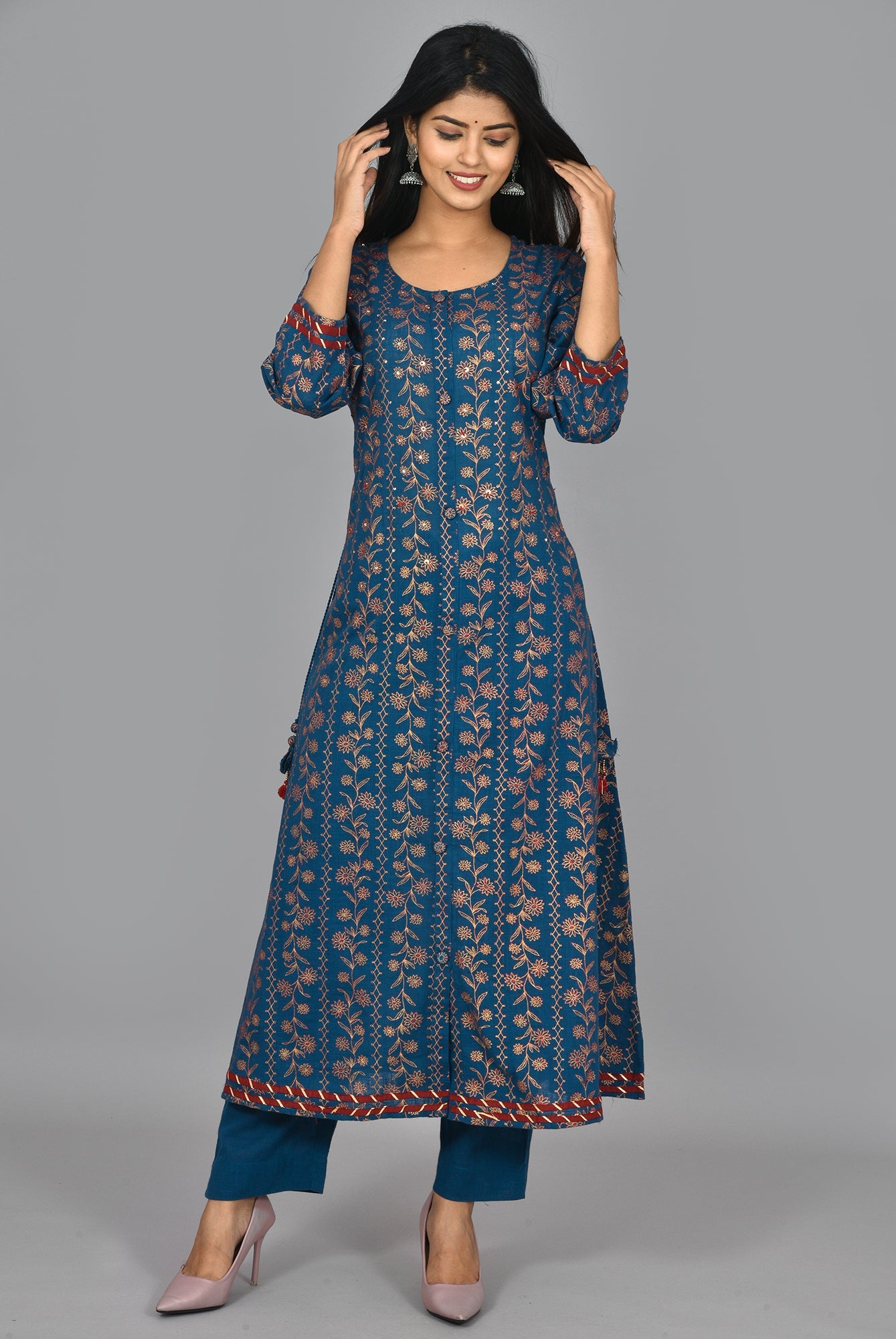 Kaajh Women's Blue Gold Print Long Kurta Pant Set