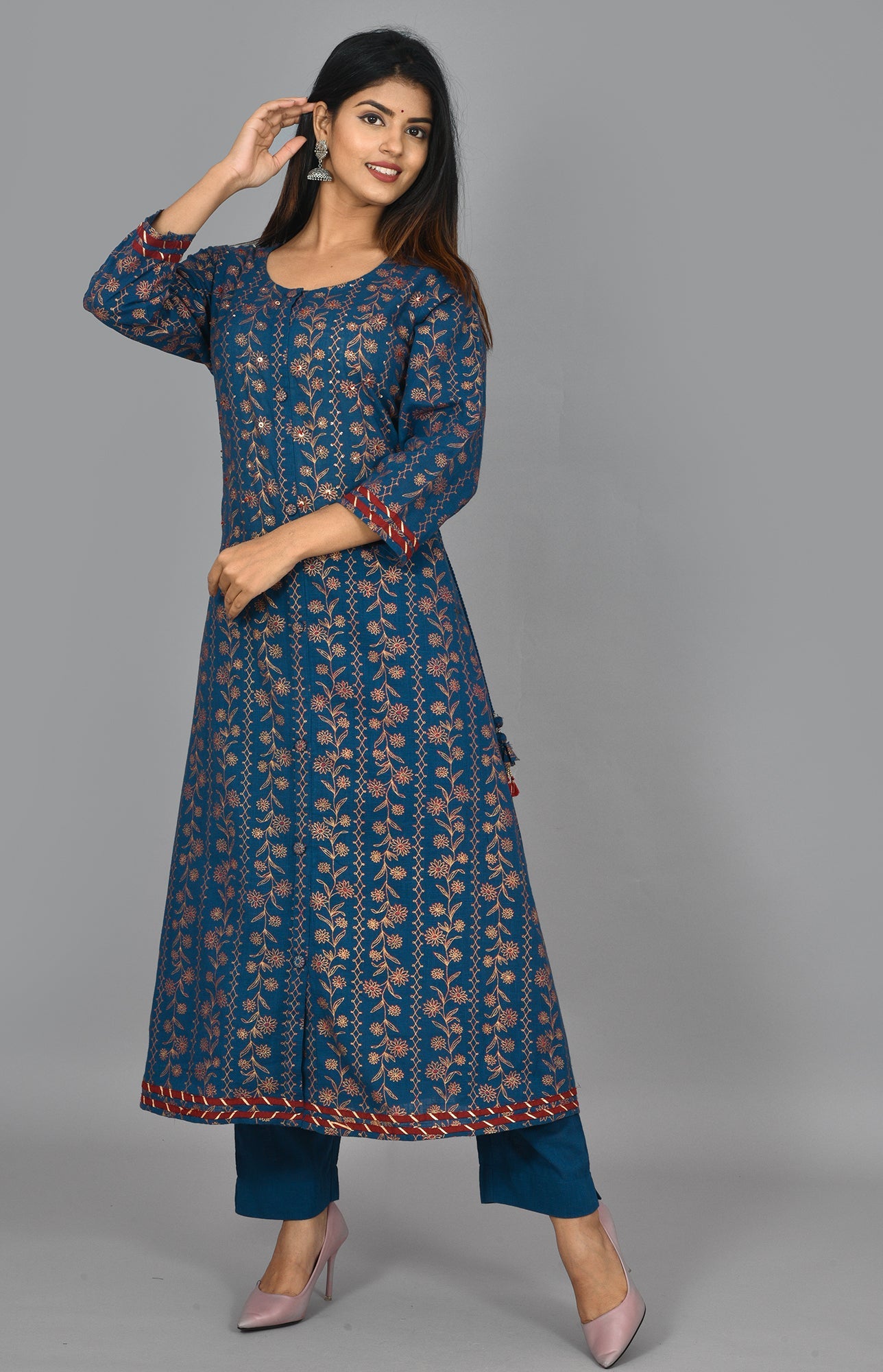 Kaajh Women's Blue Gold Print Long Kurta Pant Set