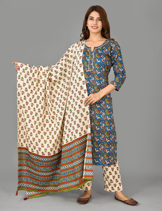 Kaajh Blue Floral Print Cotton Suit Set For Women
