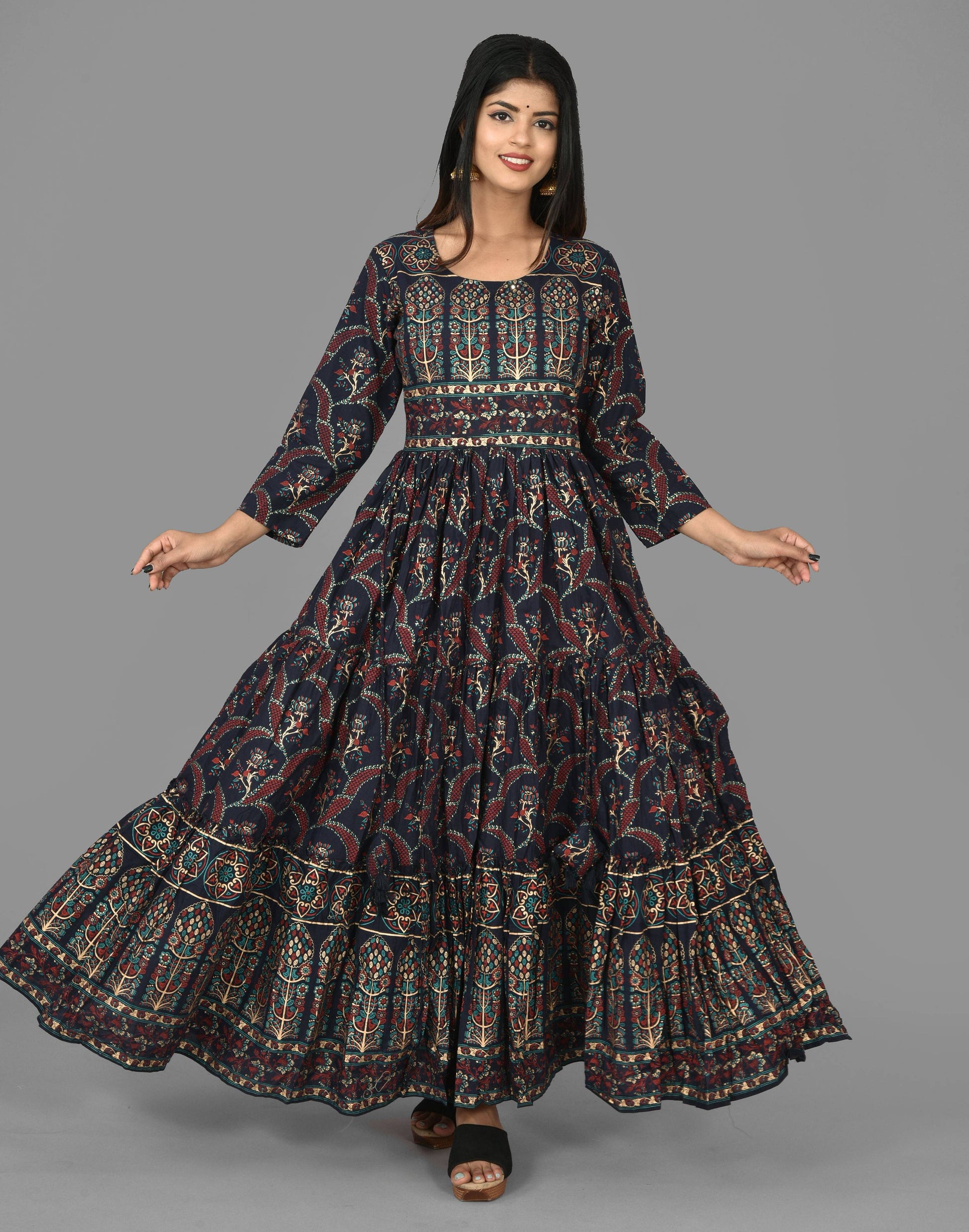 Kaajh Women's Blue Gold Printed Ethnic Anarkali Kurta