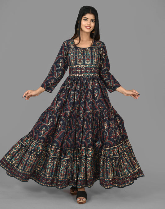Kaajh Women's Blue Gold Printed Ethnic Anarkali Kurta