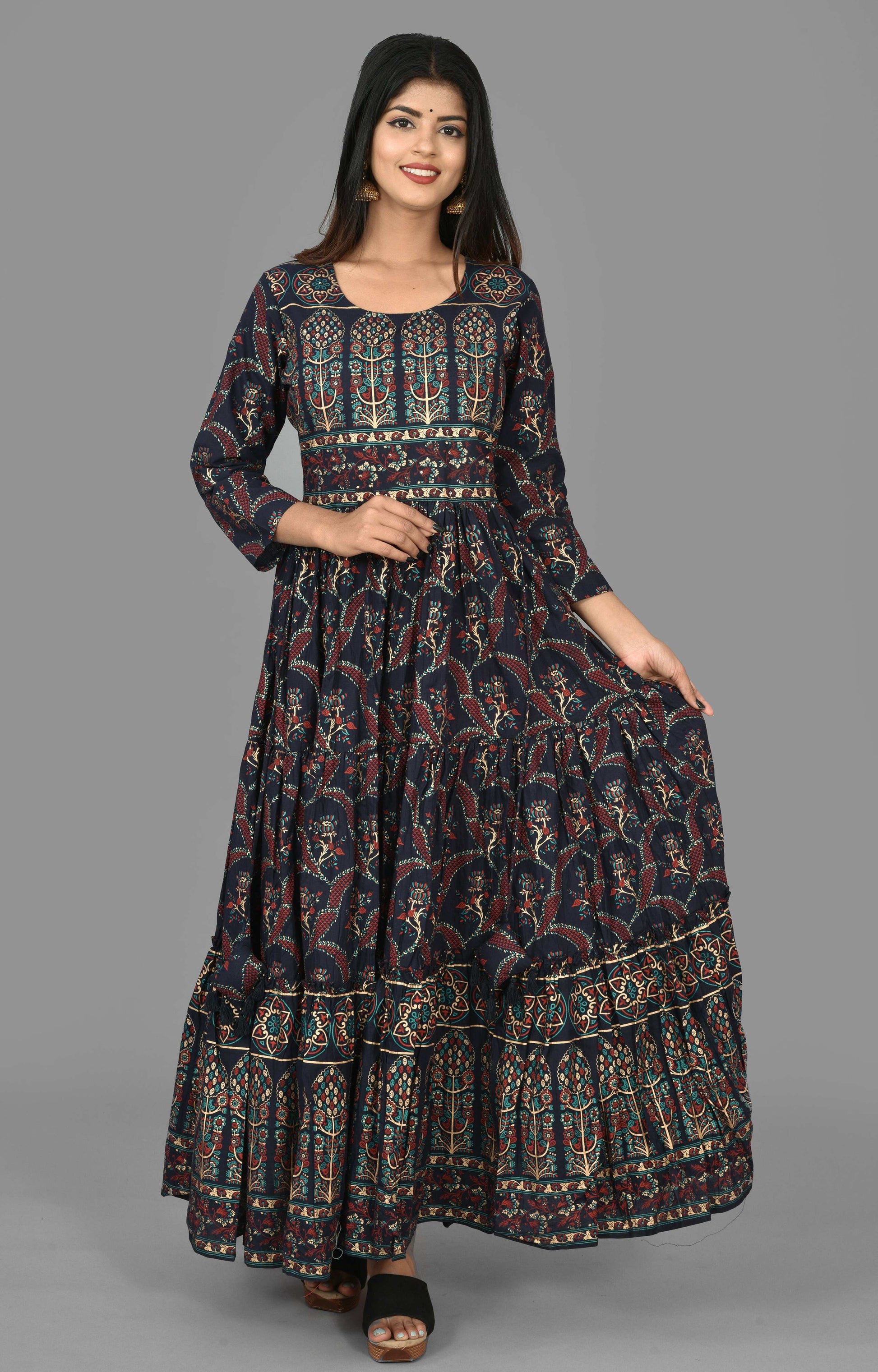 Kaajh Women's Blue Gold Printed Ethnic Anarkali Kurta